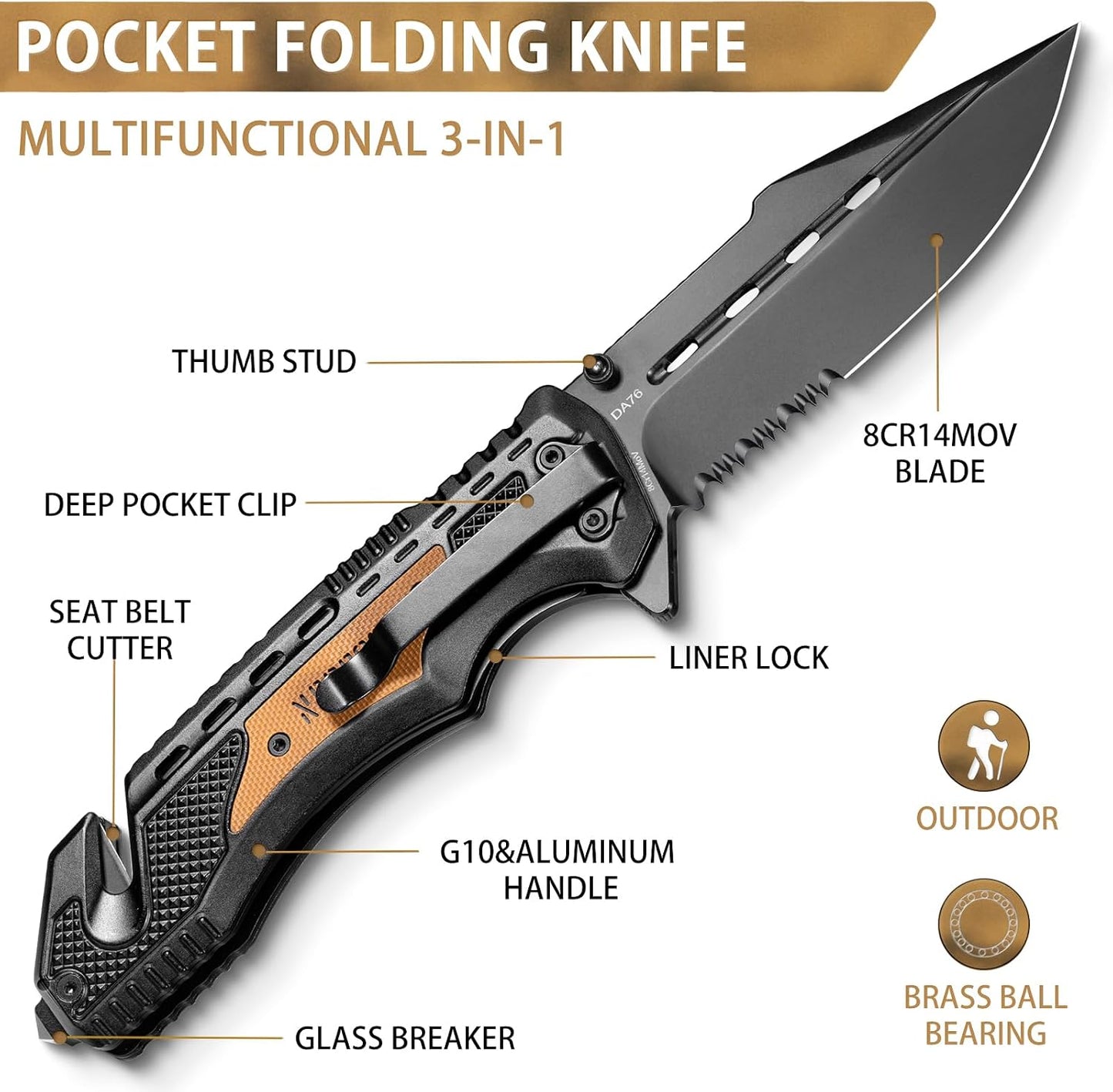 Cuchillo bolsillo 3en1 3.7pulg acero inox supervivencia