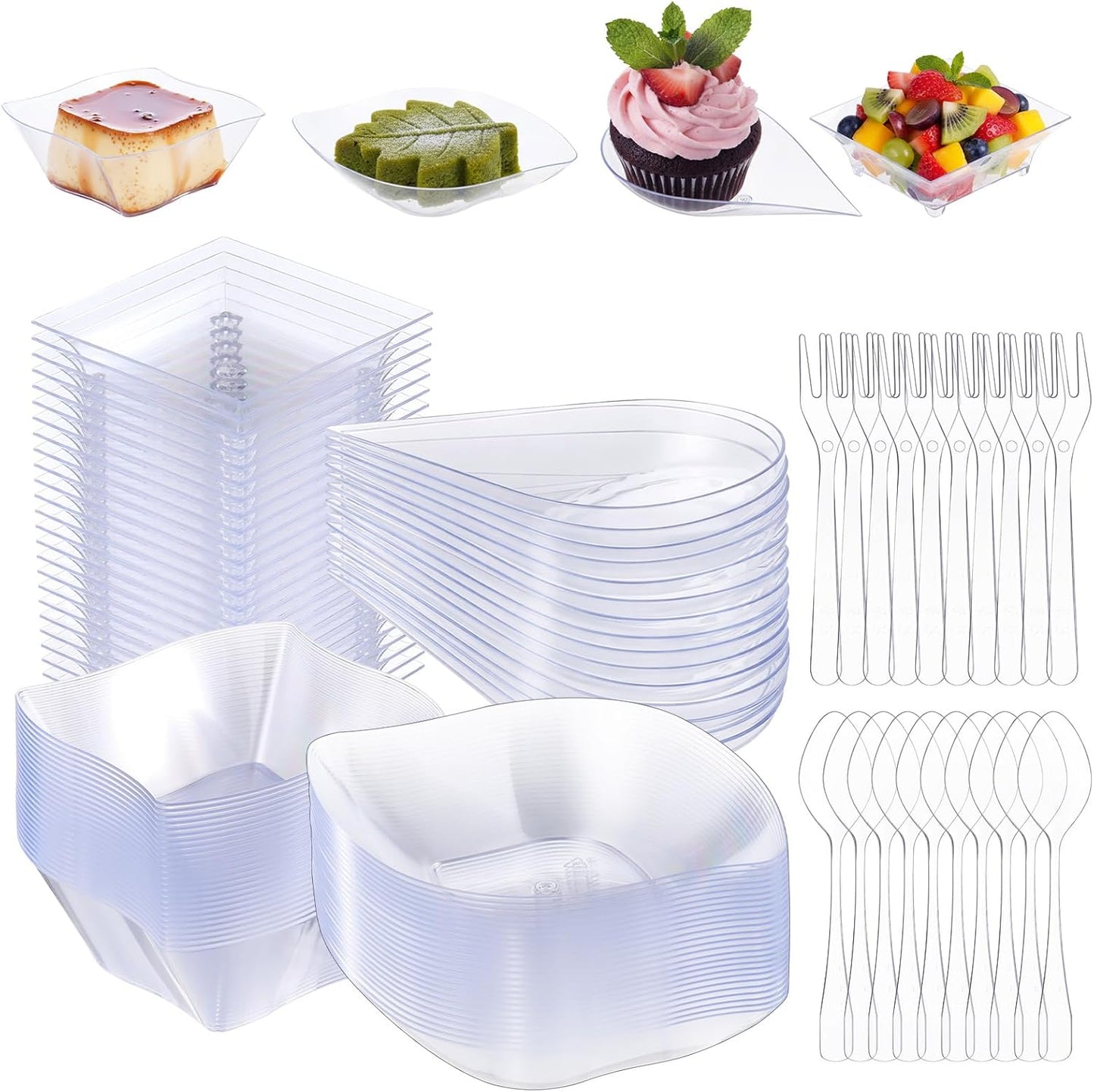 Juego 200 mini platos aperitivo con cucharas tenedores taza postre cuencos plástico transparente bandejas fiesta