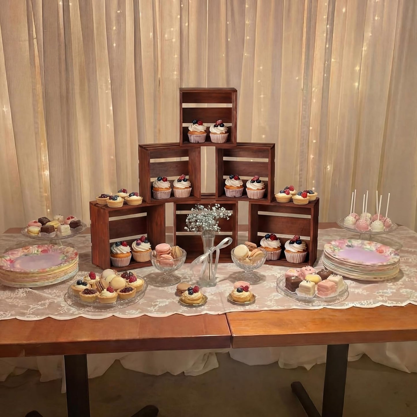 6 Cajas Madera Rústica Soporte Cupcakes Apilables Bufé Boda