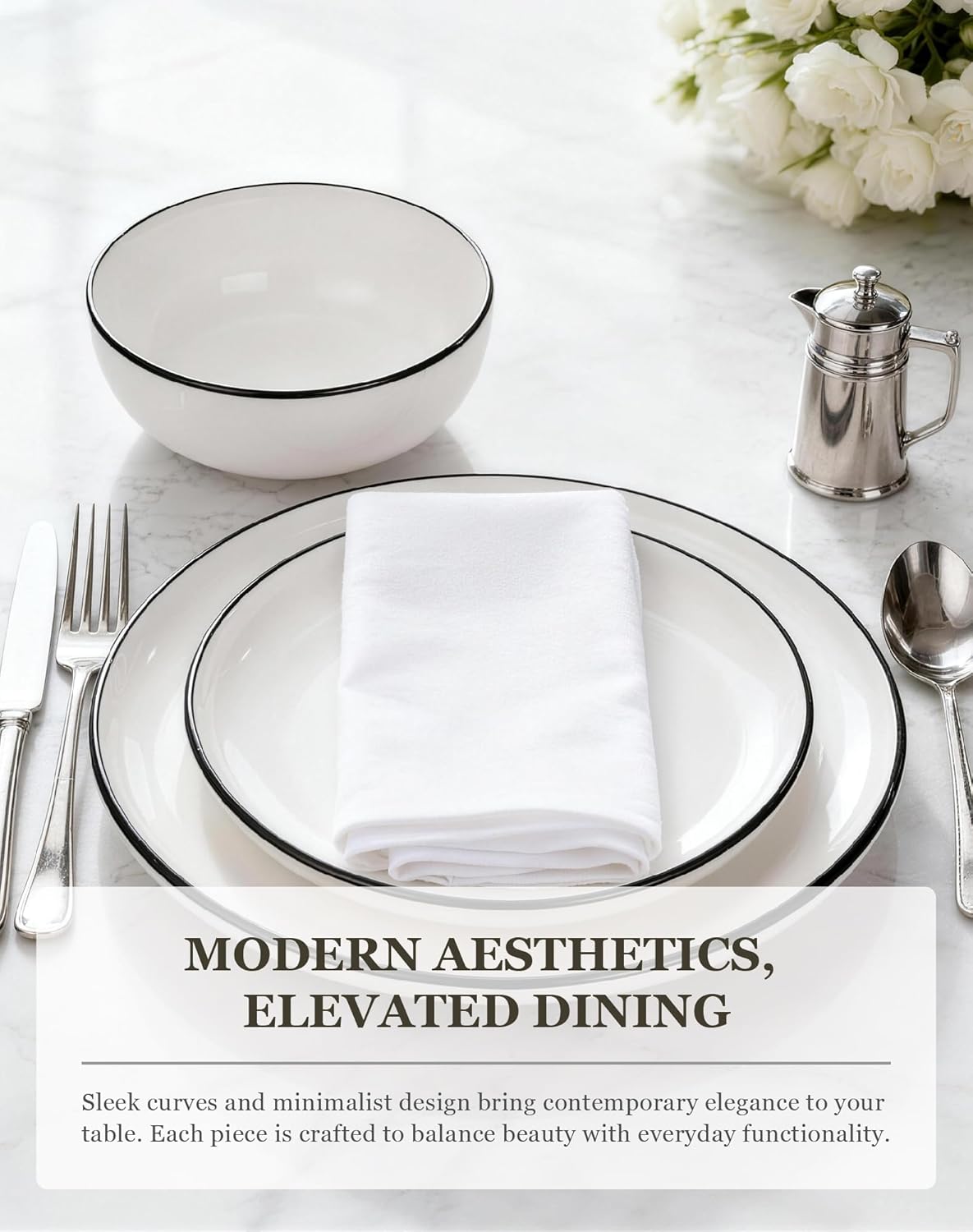 Set 24 Pzas Porcelana Plato Taza Mesa Comedor Negro Bordes