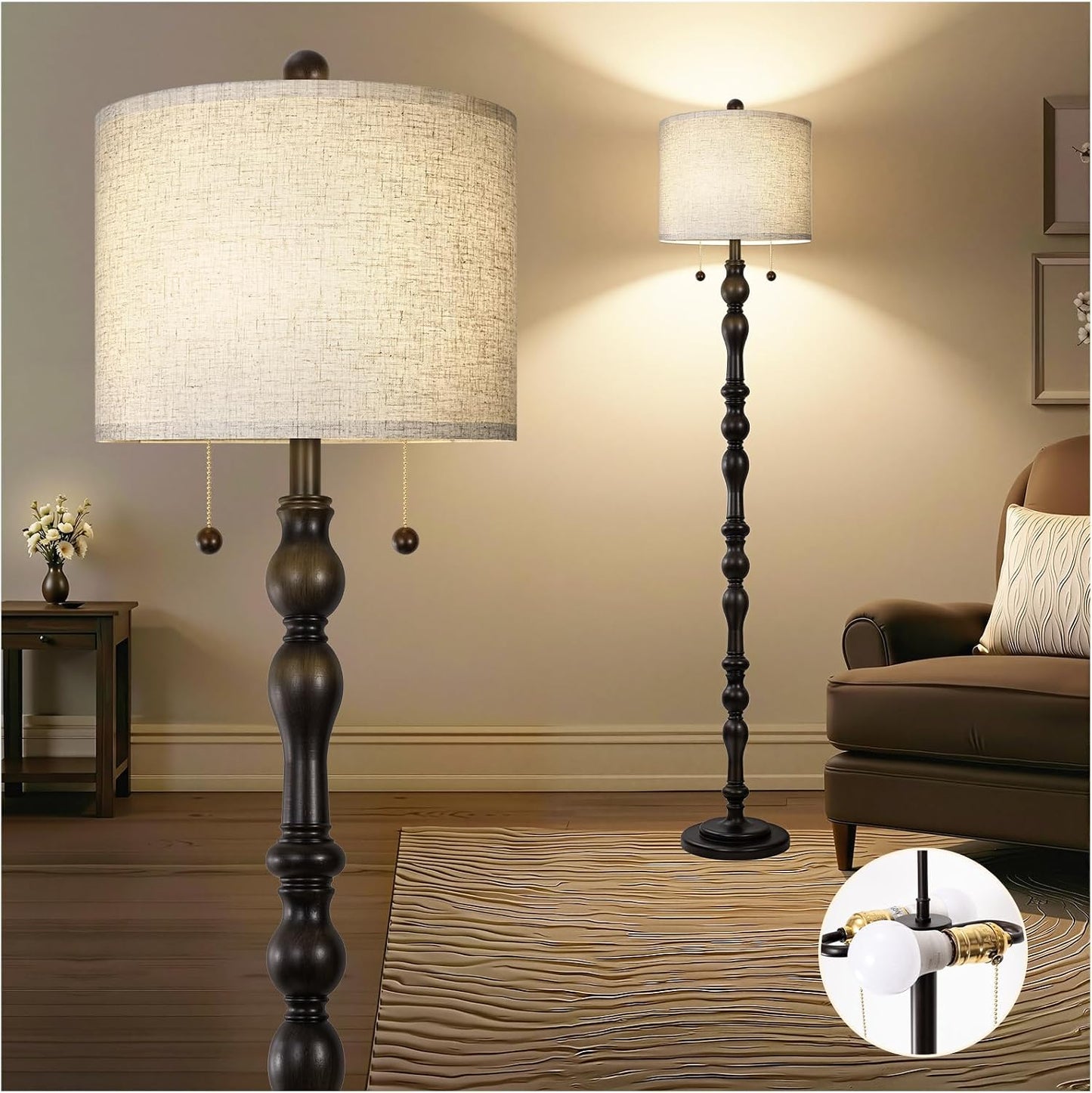 Lámpara pie rústica madera natural 65.5 interruptor doble tirón