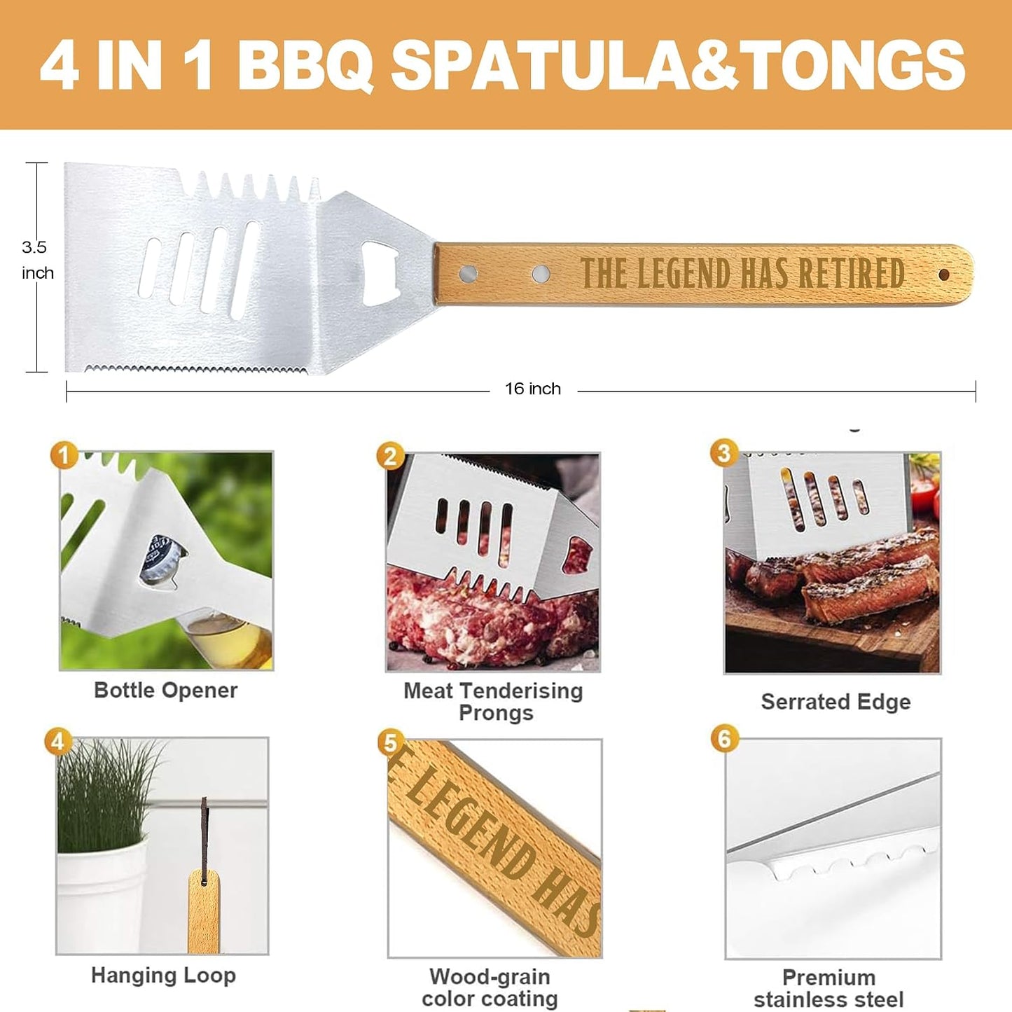 Juego accesorios barbacoa madera acero inox para hombres