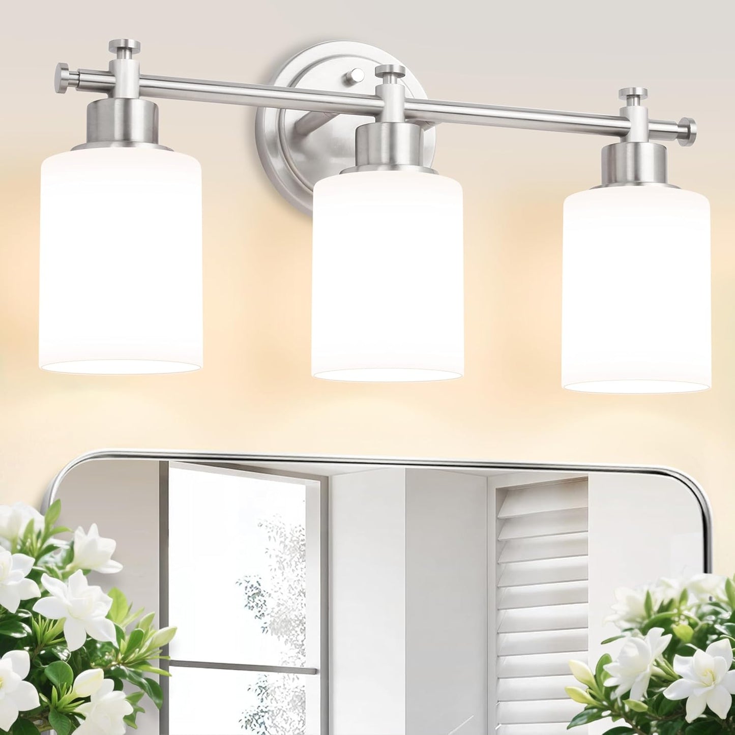 Lámpara baño 3 luces níquel cepillado vidrio blanco