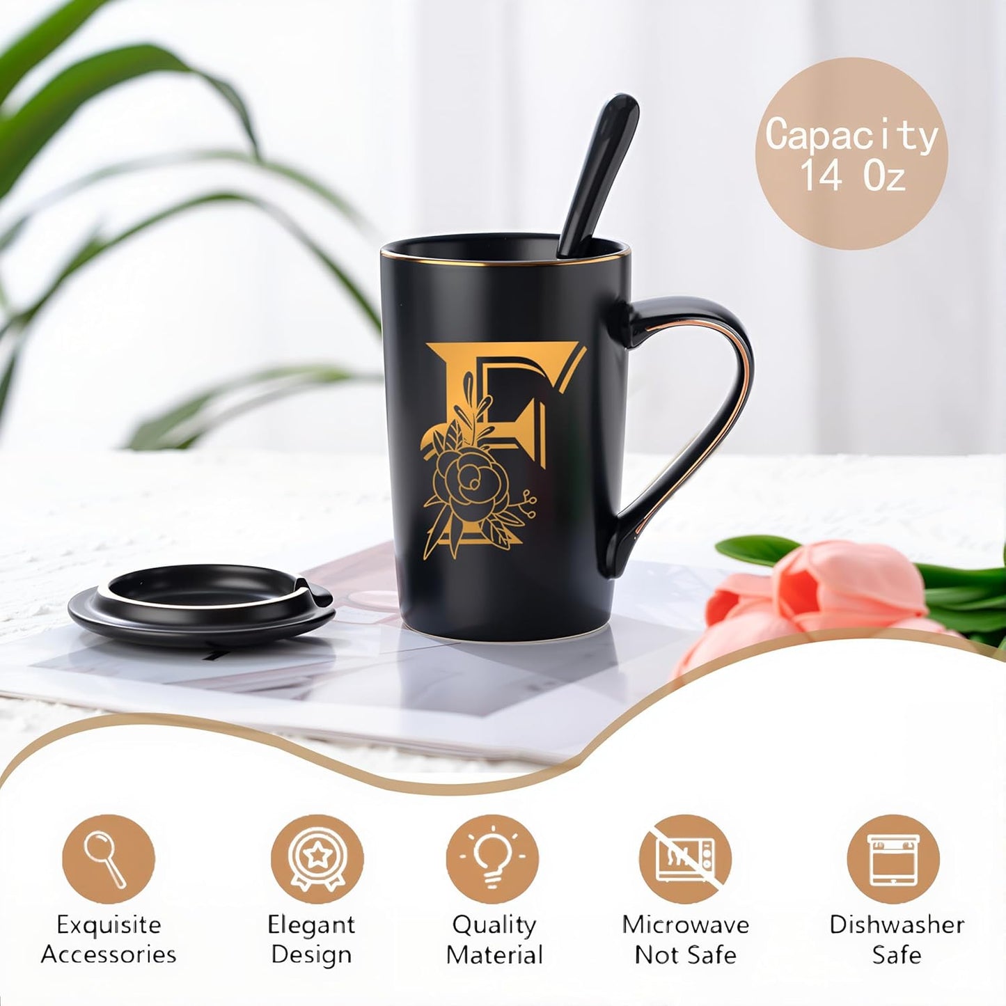 Taza de café personalizada con letra F y flor, regalo para mujer