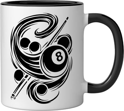 Taza de cerámica para jugador de billar con pool balls y cue en negro y blanco