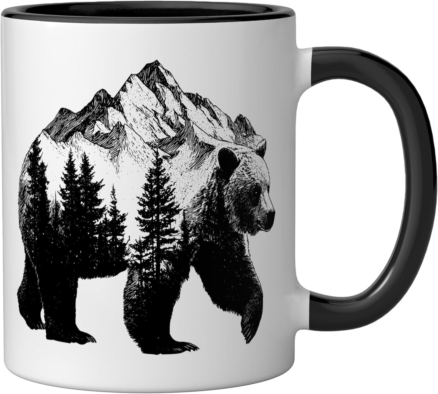 Taza cerámica arte grizzly bear cabeza montaña artística negra/blanca