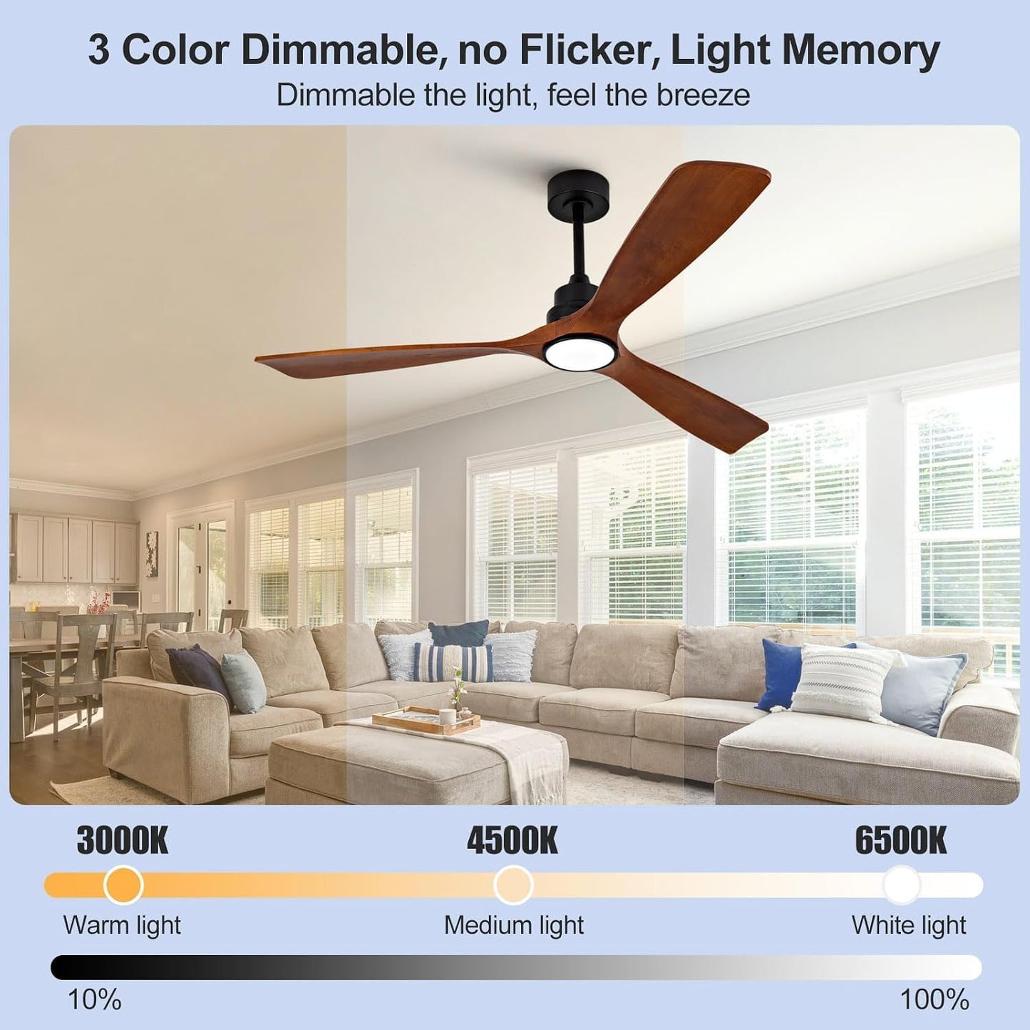Ventilador techo 60pulg madera 3 aspas luz LED control remoto