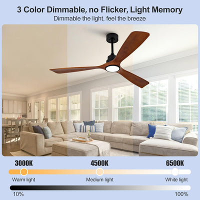 Ventilador techo 60pulg madera 3 aspas luz LED control remoto