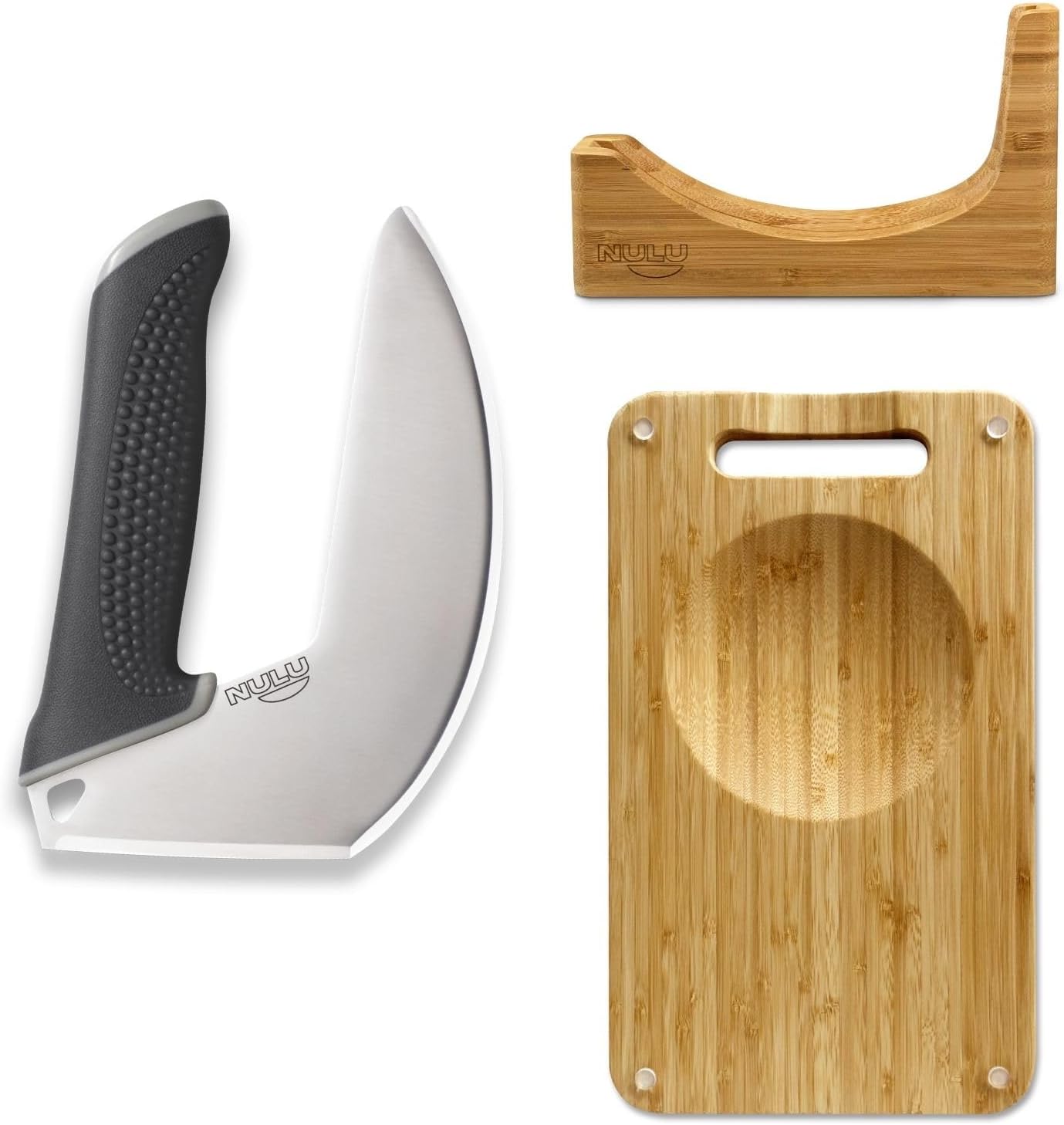 Paquete cuchillo ergonómico NULU tabla de cortar de bambú y muelle