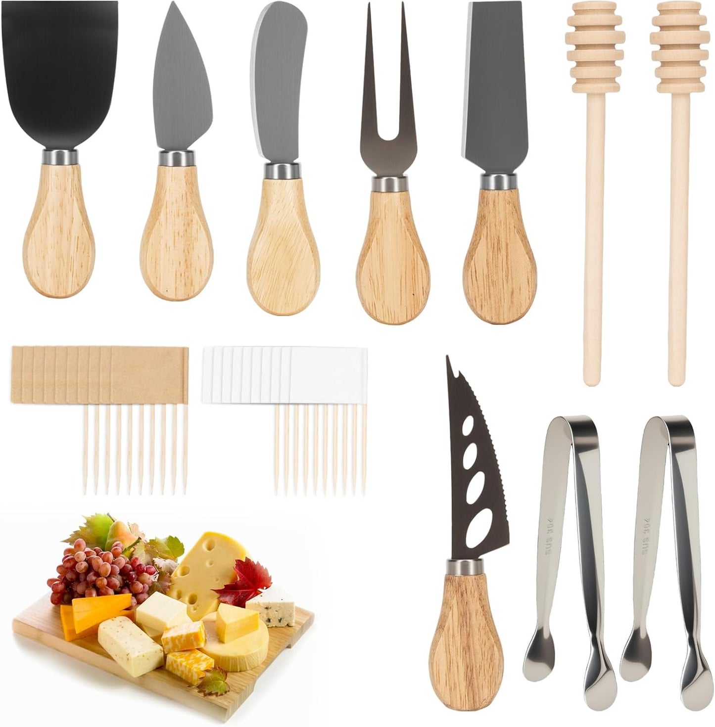 Juego de accesorios para tabla de charcutería con cuchillos de queso y madera