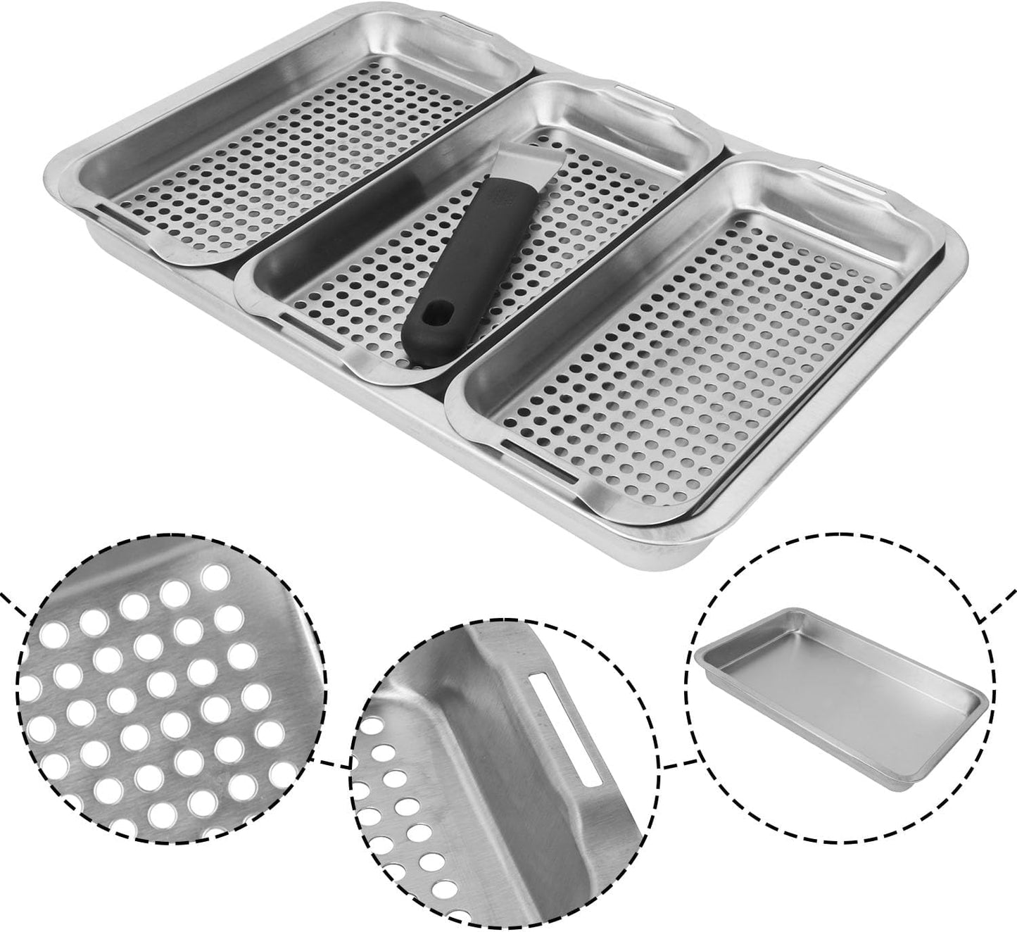 Set 5 Canastas Acero Inox para Parrilla 16x11pulg Asa Clip
