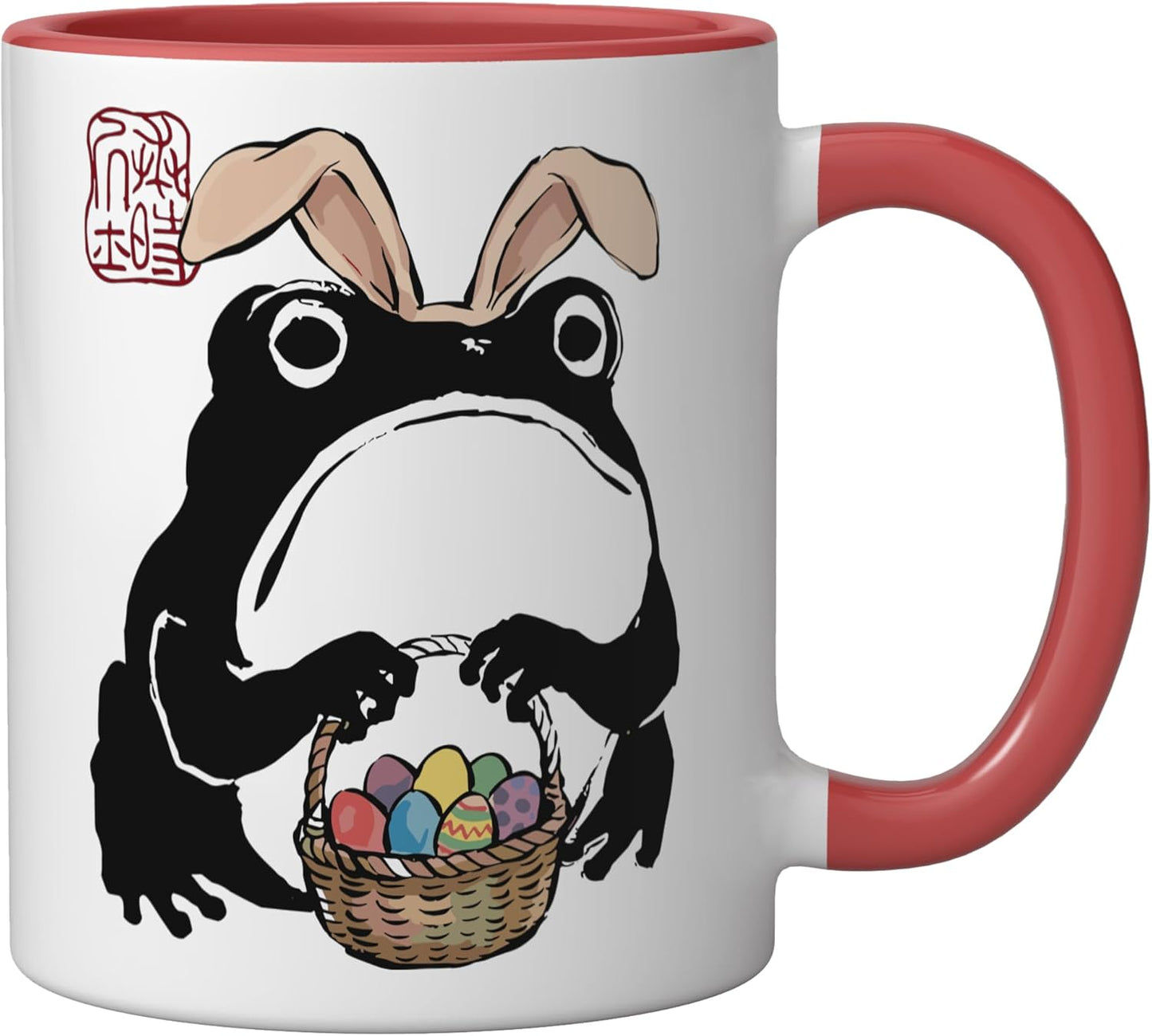 Taza de cerámica Grumpy Frog con diseño de conejo de Pascua rojo y blanco