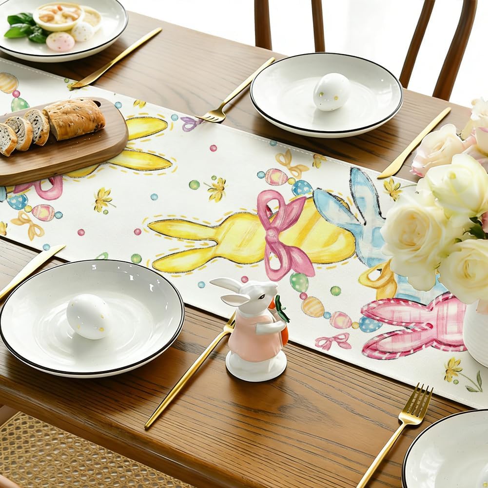 Camino mesa Pascua con moño conejo huevos 13x90pulg