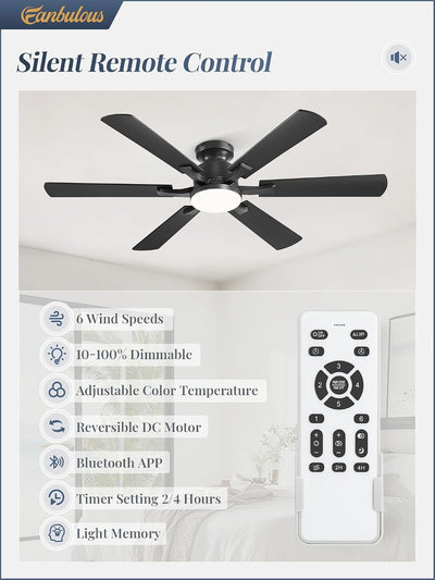 Ventilador techo 52pulg LED negro 6 vel motor silencioso dormitorio