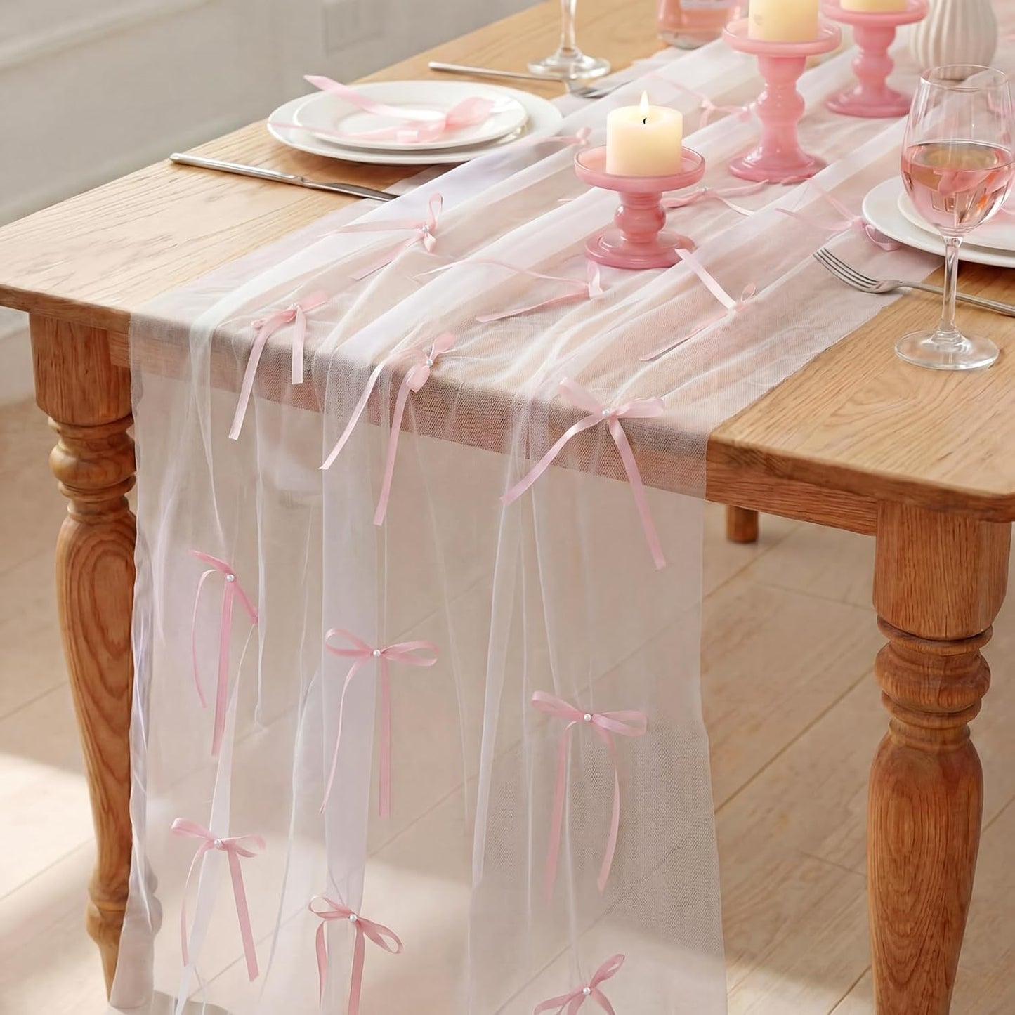 Camino de mesa de tul con lazo rosa transparente 3D para bodas y eventos