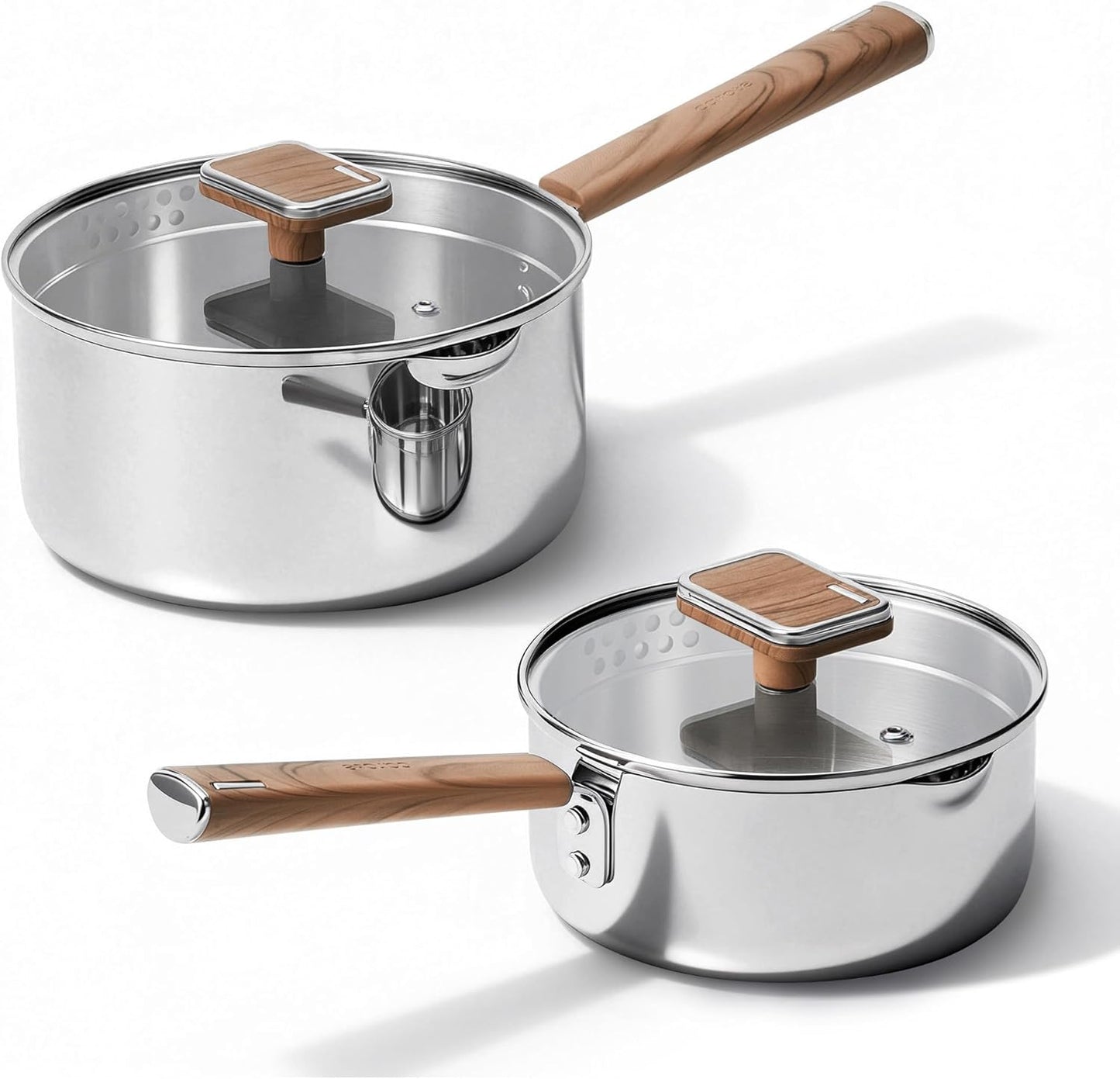 Set Cacerolas Acero Inox 1.5-3qt Tapa Vidrio Mango Madera