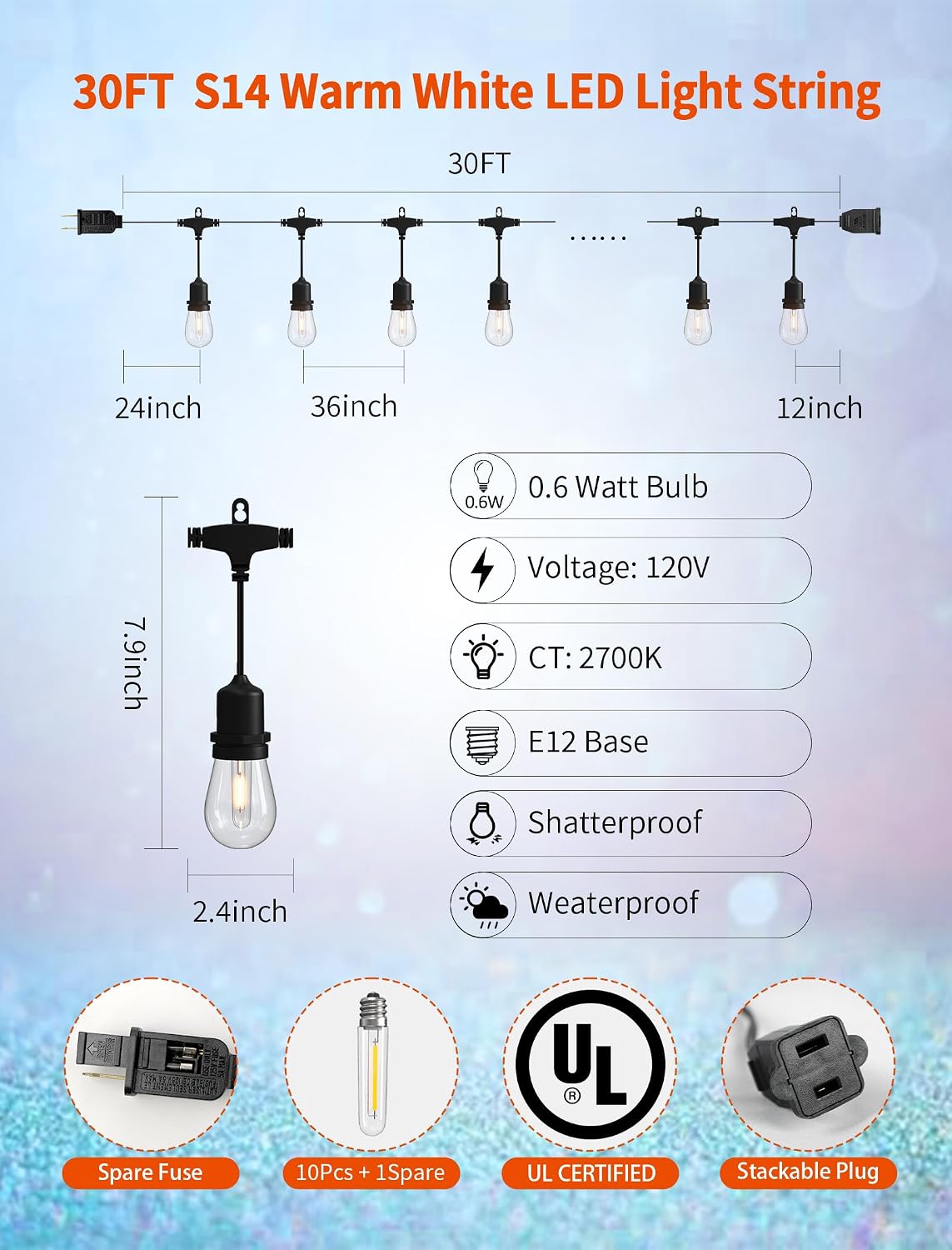 Tira luces exterior 30ft LED impermeable blanco cálido