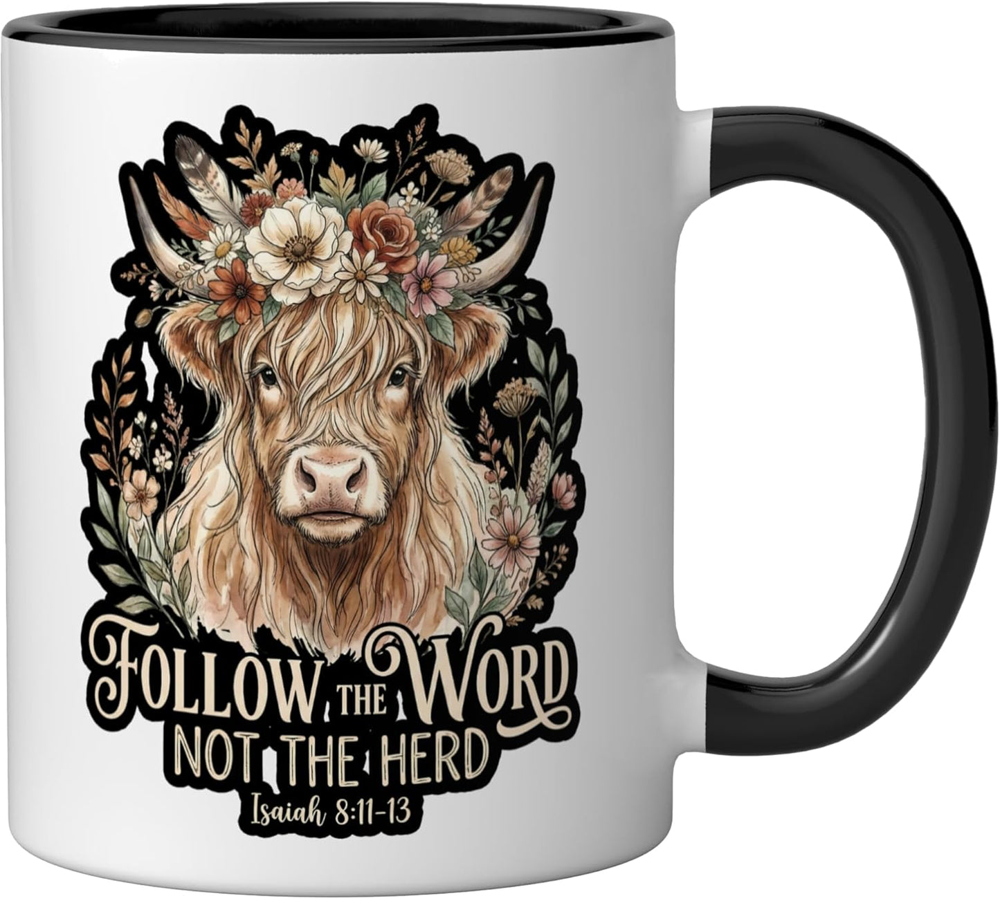 Taza cerámica Christian Highland Cow Floral Follow The Word Not The Herd Negro/Blanco