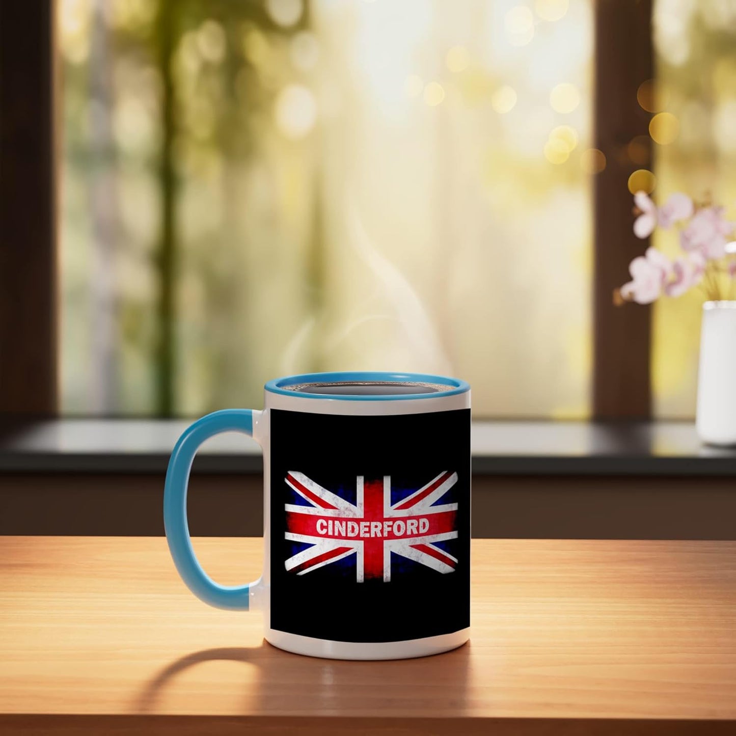 Taza cerámica Cinderford con bandera británica azul/blanca