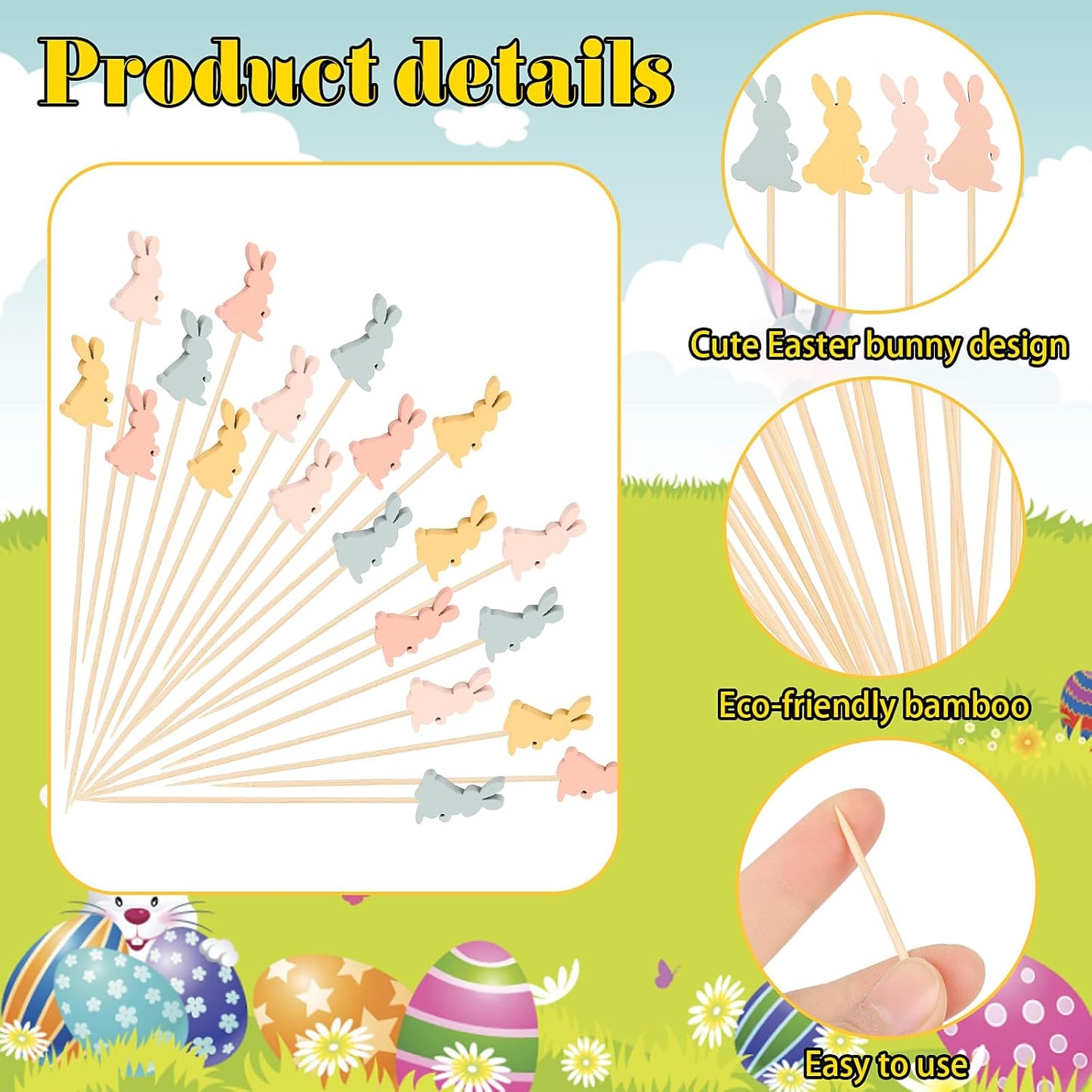 120 Palillos Bambú Conejo Pascua Coloridos para Aperitivos