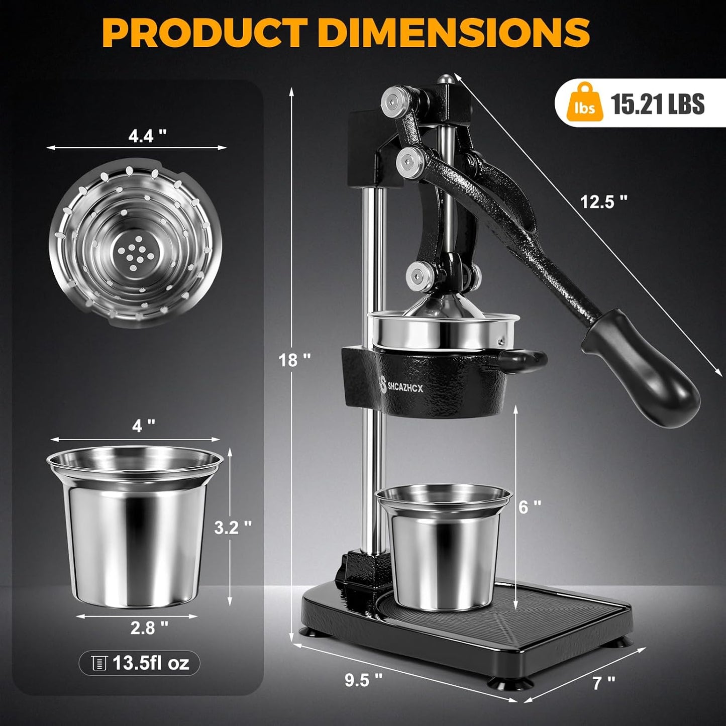 Exprimidor cítricos hierro fundido taza acero inox negro