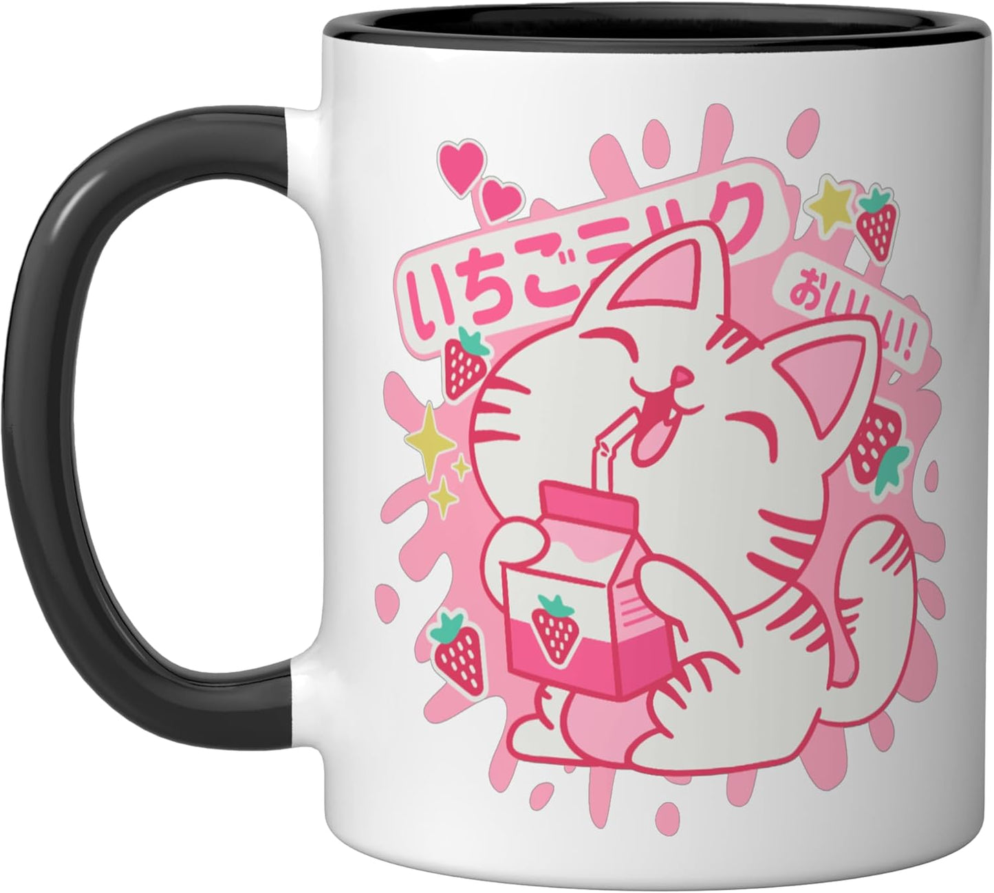 Taza Cerámica Kawaii Gato Leche Fresa Anime Negro/Blanco