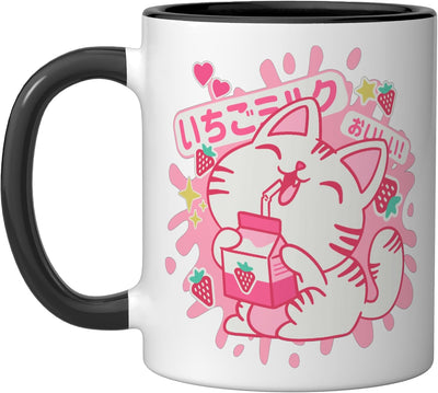 Taza Cerámica Kawaii Gato Leche Fresa Anime Negro/Blanco