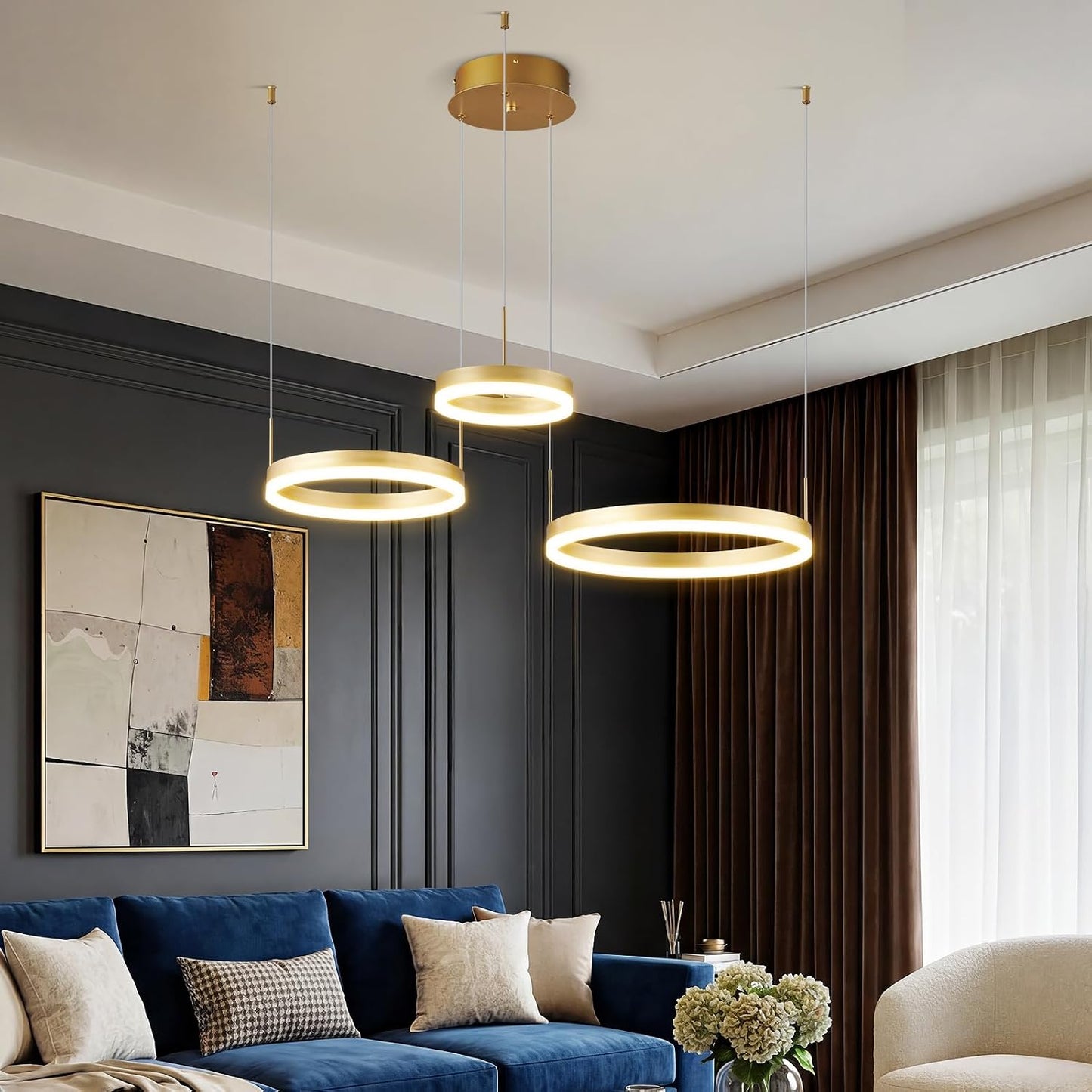 Candelabro LED dorado circular 3 anillos para comedor y sala