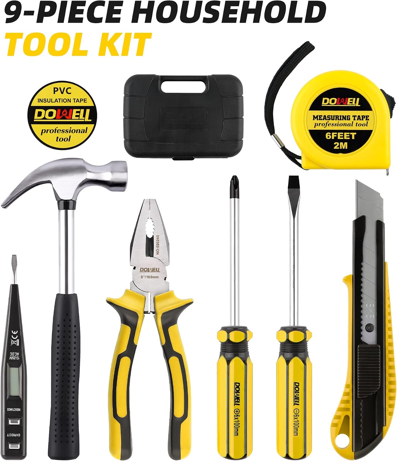 Set 9 Pzas Kit Herramientas Manuales para Hogar con Caja Plástico