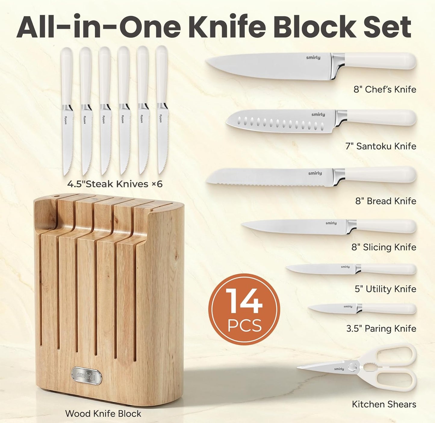 Set 14 Cuchillos Chef Acero Inox Bloque Magnético Blanco Crema
