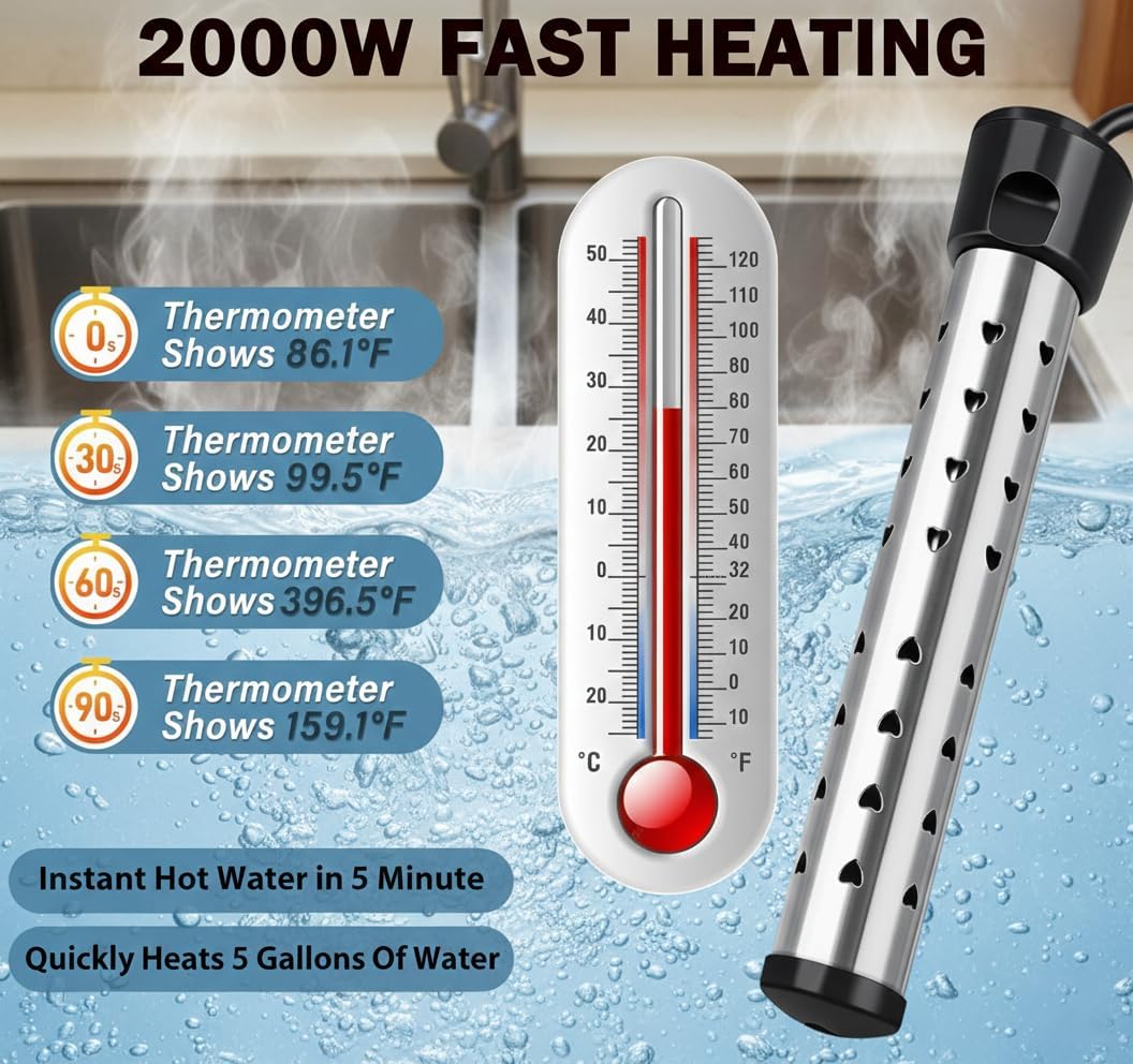 Calentador agua inmersión 2000W termómetro LCD acero inox