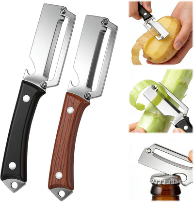 Pelador verduras 3en1 acero inox mango madera y abridor botellas