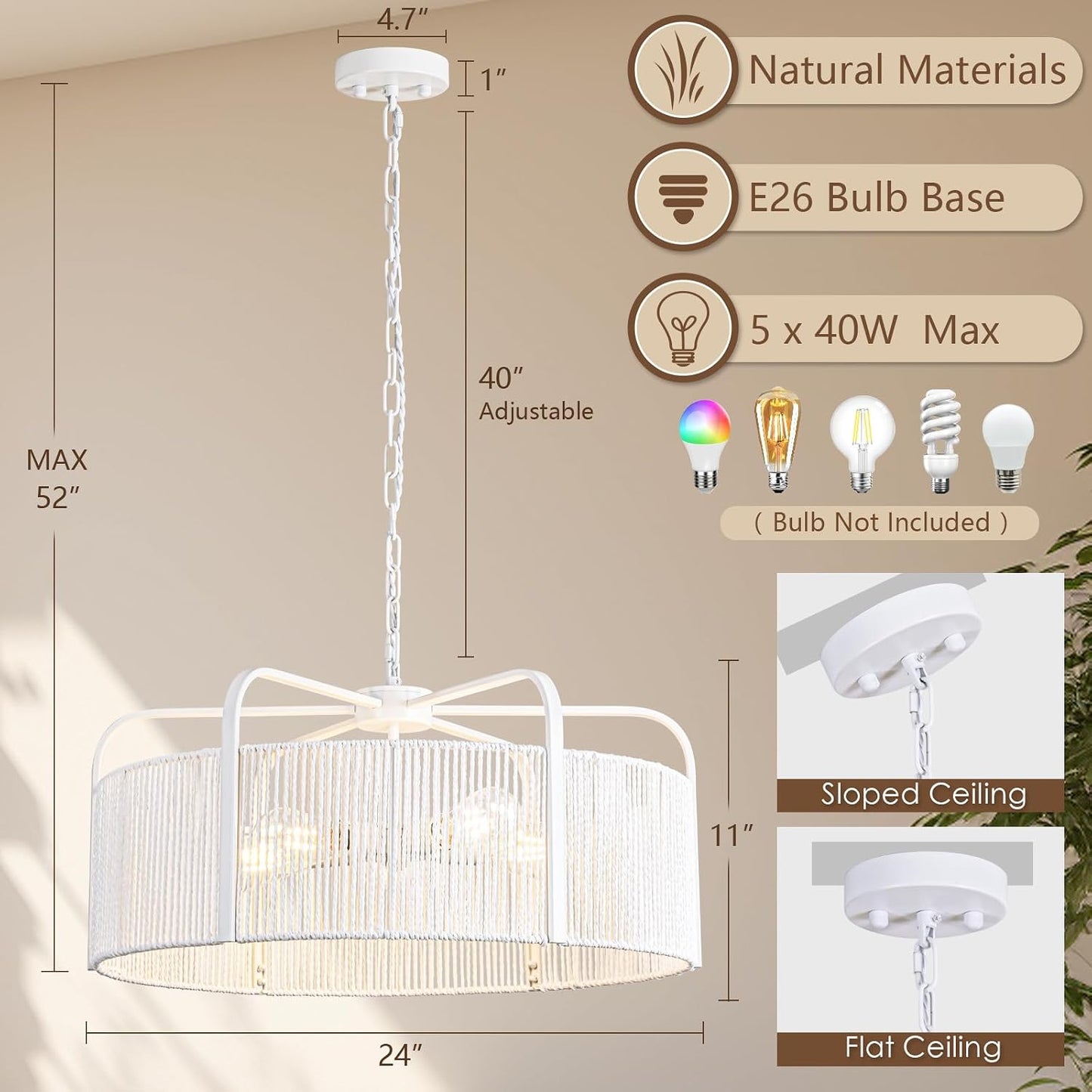 Candelabro ratán 24pulg 5 luces comedor isla cocina