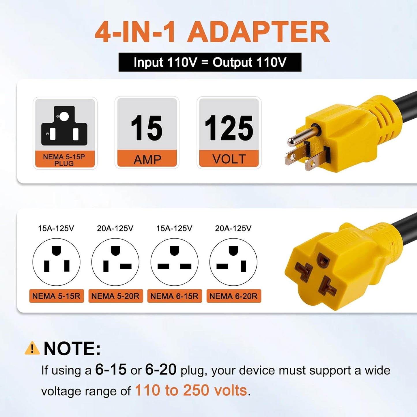 Cable extensión 4en1 NEMA 5-15P a 6-20R 12AWG 15A