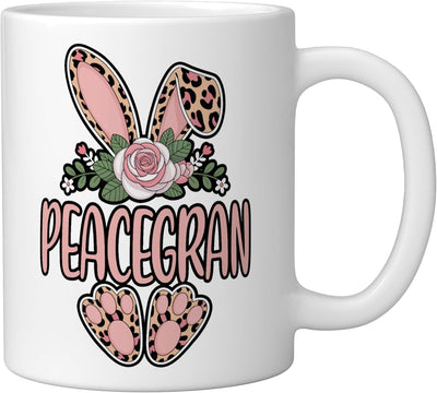 Taza cerámica de Pascua con orejas de conejo leopardo floral blanca