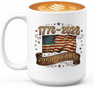 Taza de café patriótica 15 oz 1776-2026 Diseño bandera vintage Estados Unidos