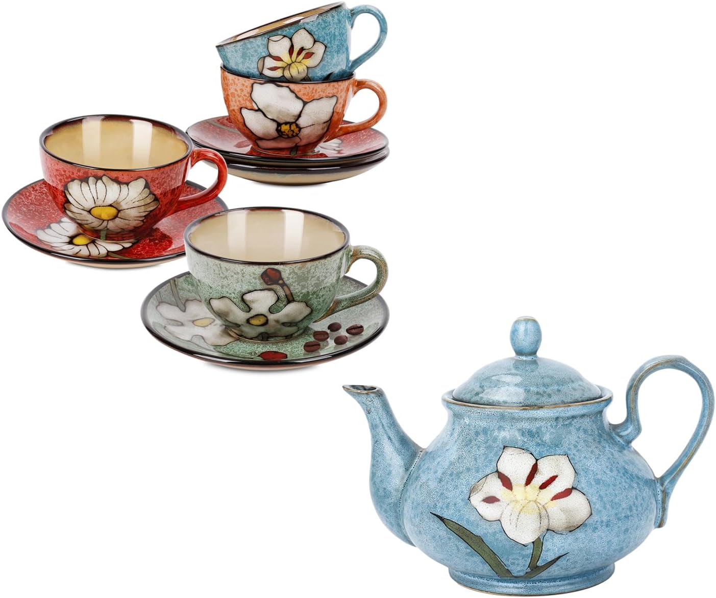 Set 4 Tazas Cappuccino Cerámica 8oz con Plato 30oz Regalo Mujer