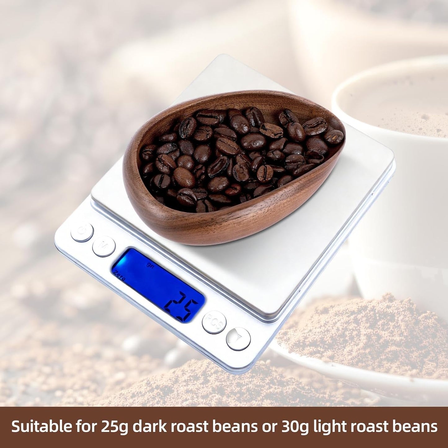 Juego taza dosificadora café madera nogal botella spray