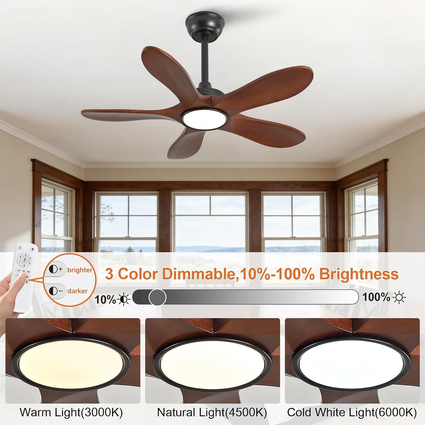 Ventilador techo madera 36pulg luces control remoto negro moderno