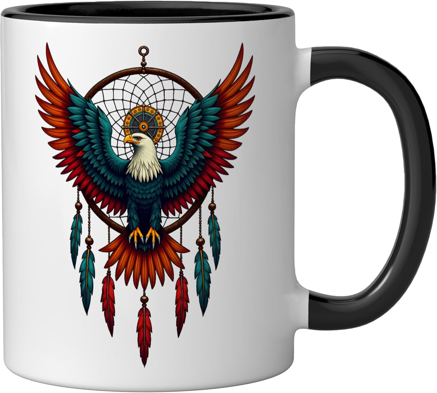 Taza cerámica Eagle Dreamcatcher con plumas nativas en negro/blanco