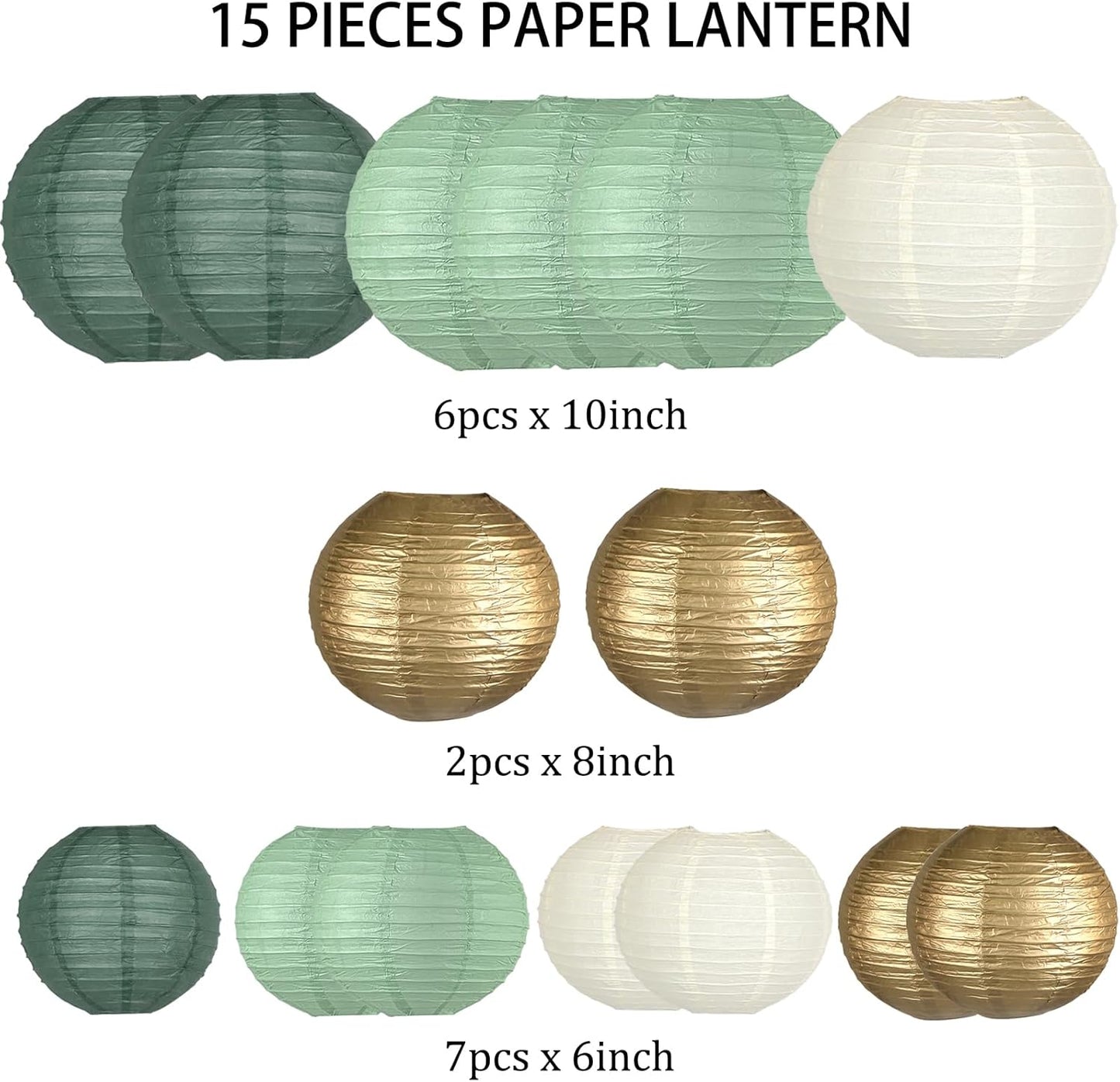 Linternas papel verde salvia dorado 6/8/10pulg decoración
