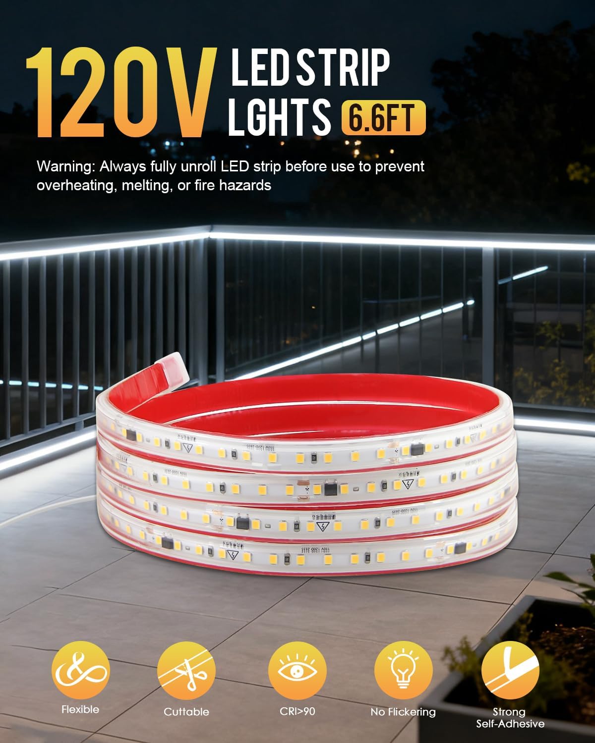 Tira luces LED flexible IP65 6 pies blanco frío 120V