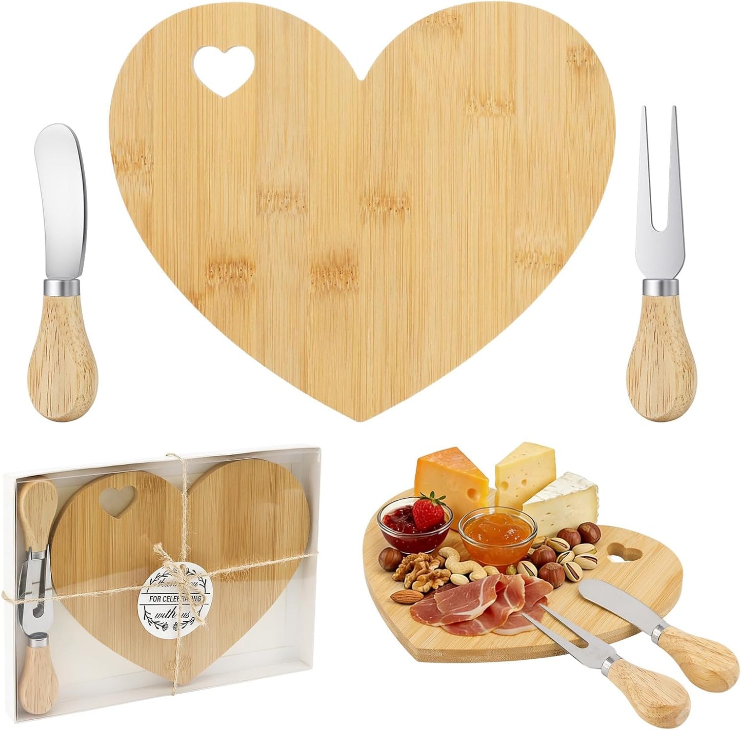 Juego regalo bebé tabla corazón bambú con cuchillo y tenedor
