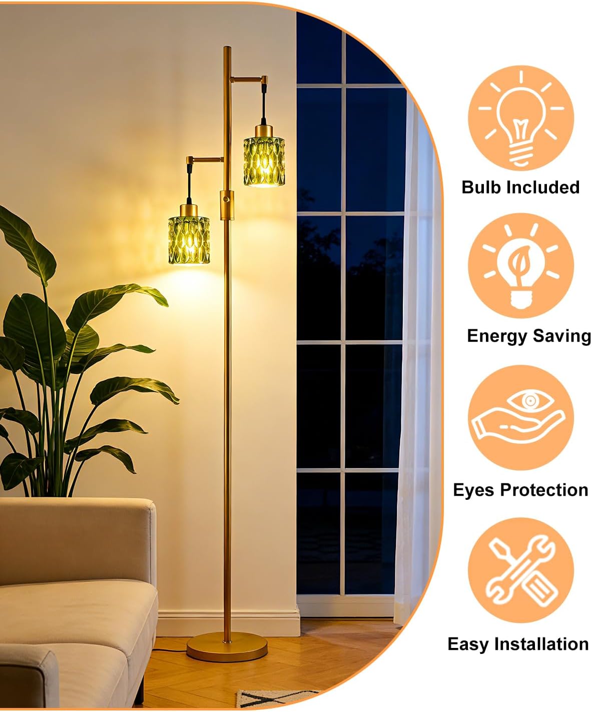 Lámpara pie cristal 65pulg 2 luces doradas moderna sala dormitorio