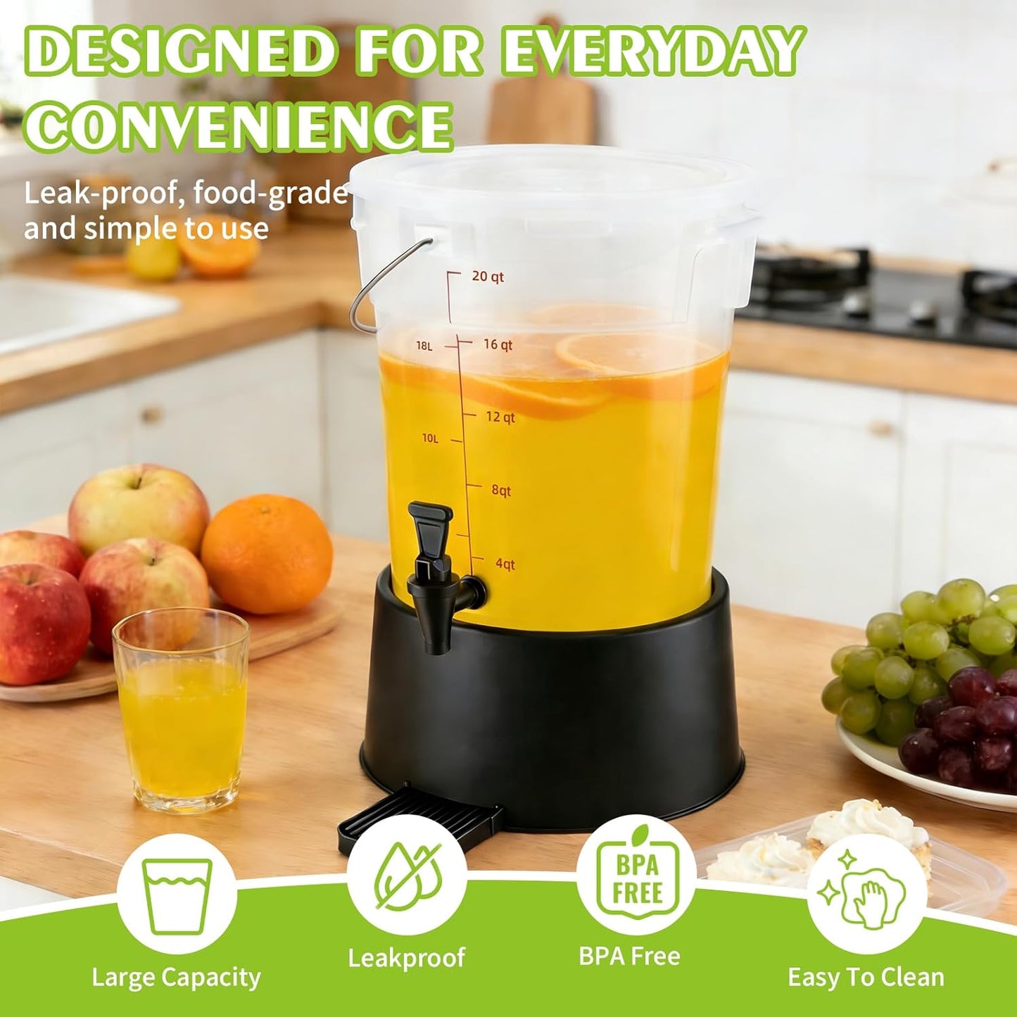 Dispensador redondo de bebidas con tapa y asa para eventos