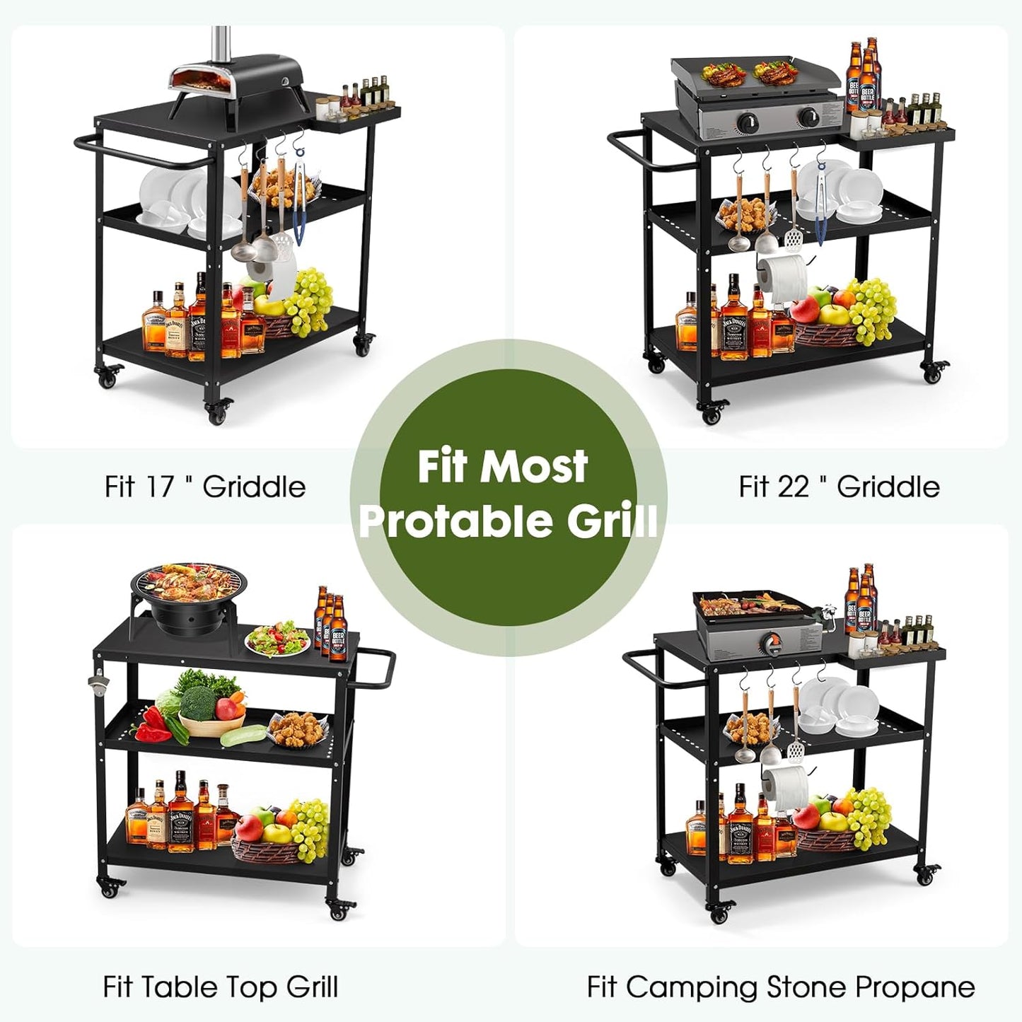 Mesa carrito parrilla 4 ruedas ganchos mango negro
