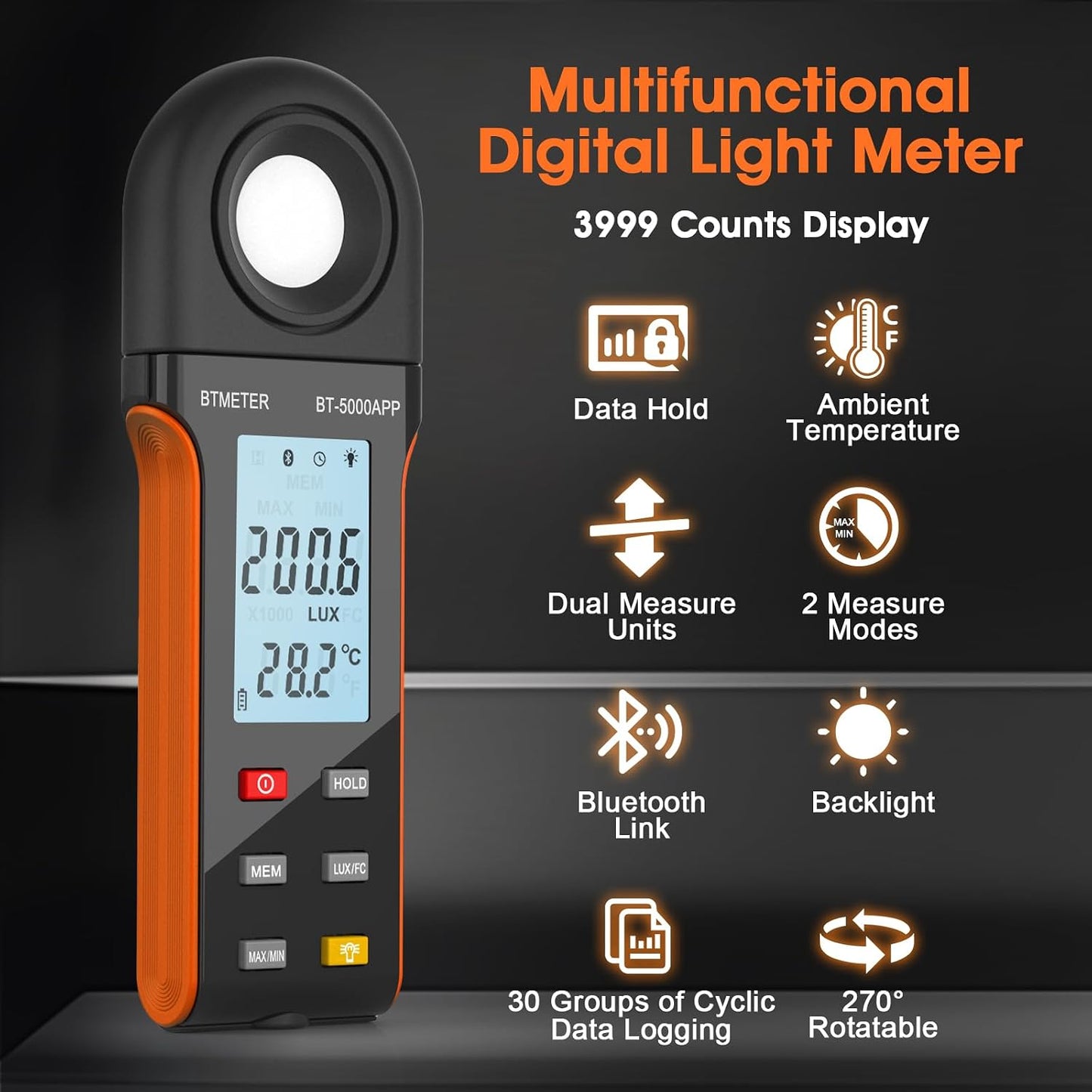 Medidor luz Bluetooth digital 1-400k Lux