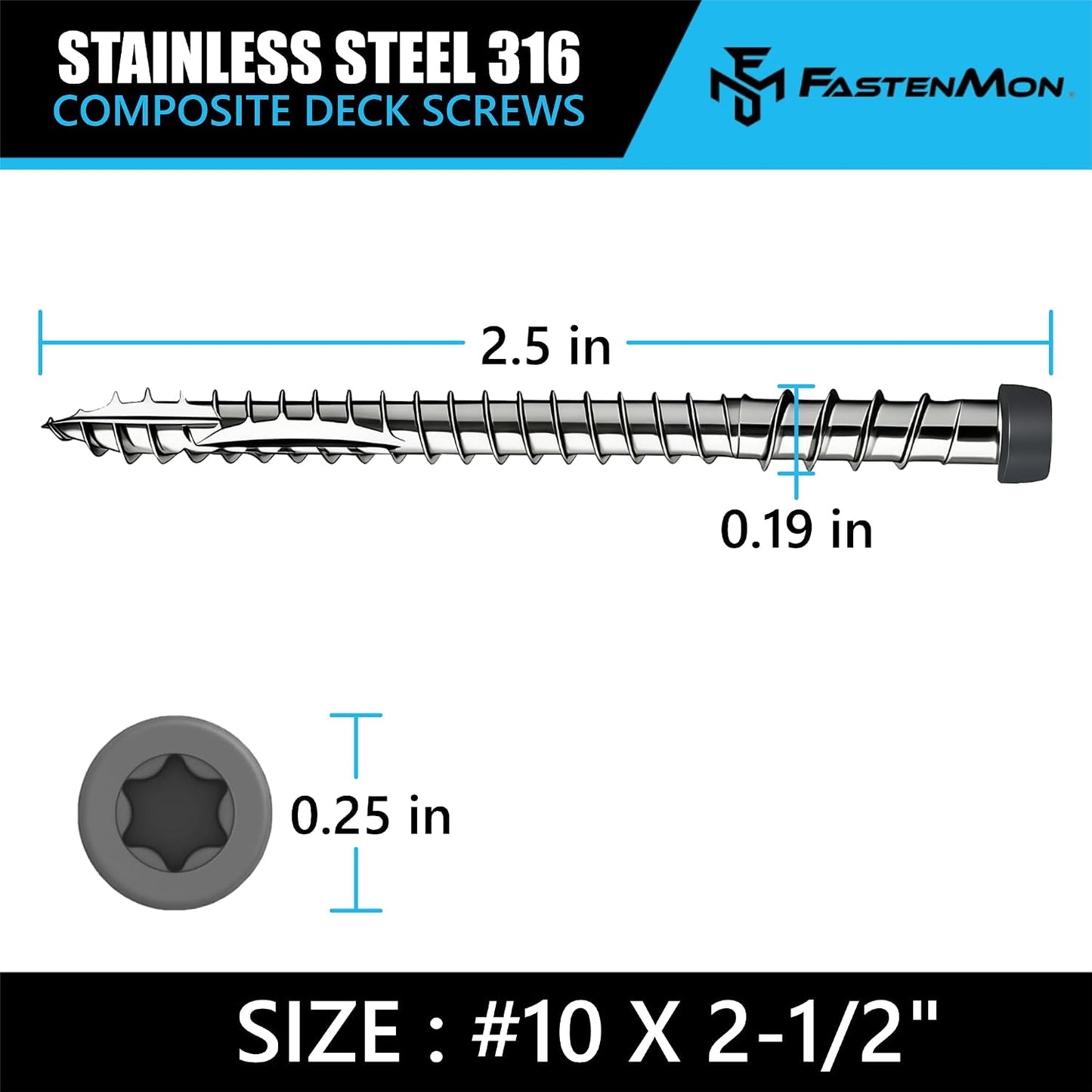 Tornillos cubierta acero inox 316 #10x2.5pulg 100uds