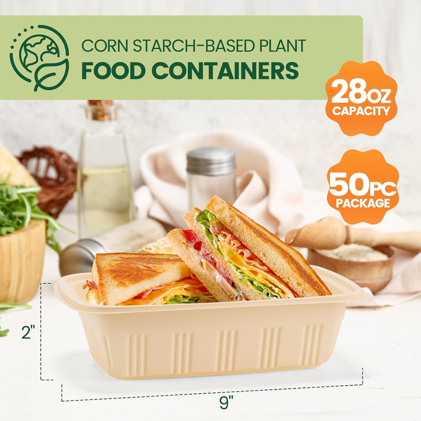 Paquete de 50 recipientes de almidón de maíz 28 oz y 50 de comida con tapa 26 oz