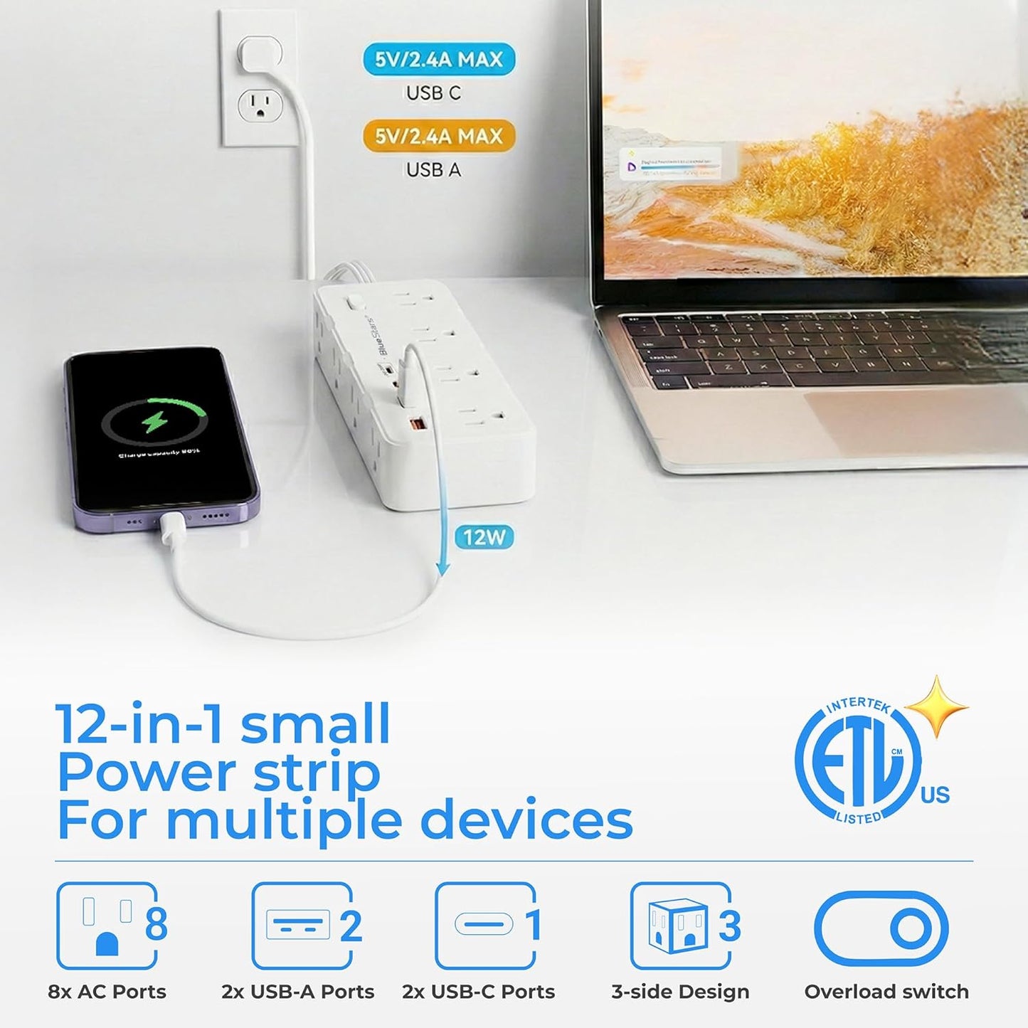 Cable extensión 6ft con protec sobretensión 8 salidas CA 4 puertos USB